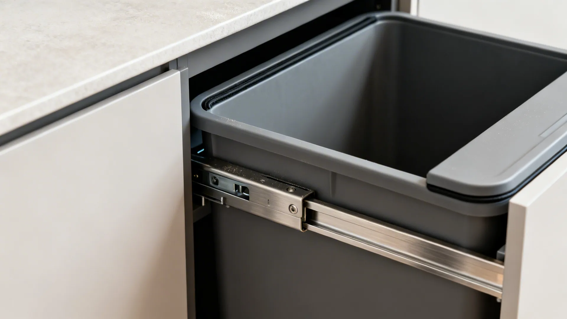 Macro of a soft-close slide and gasketed lid on a corner recycling pull-out bin system.