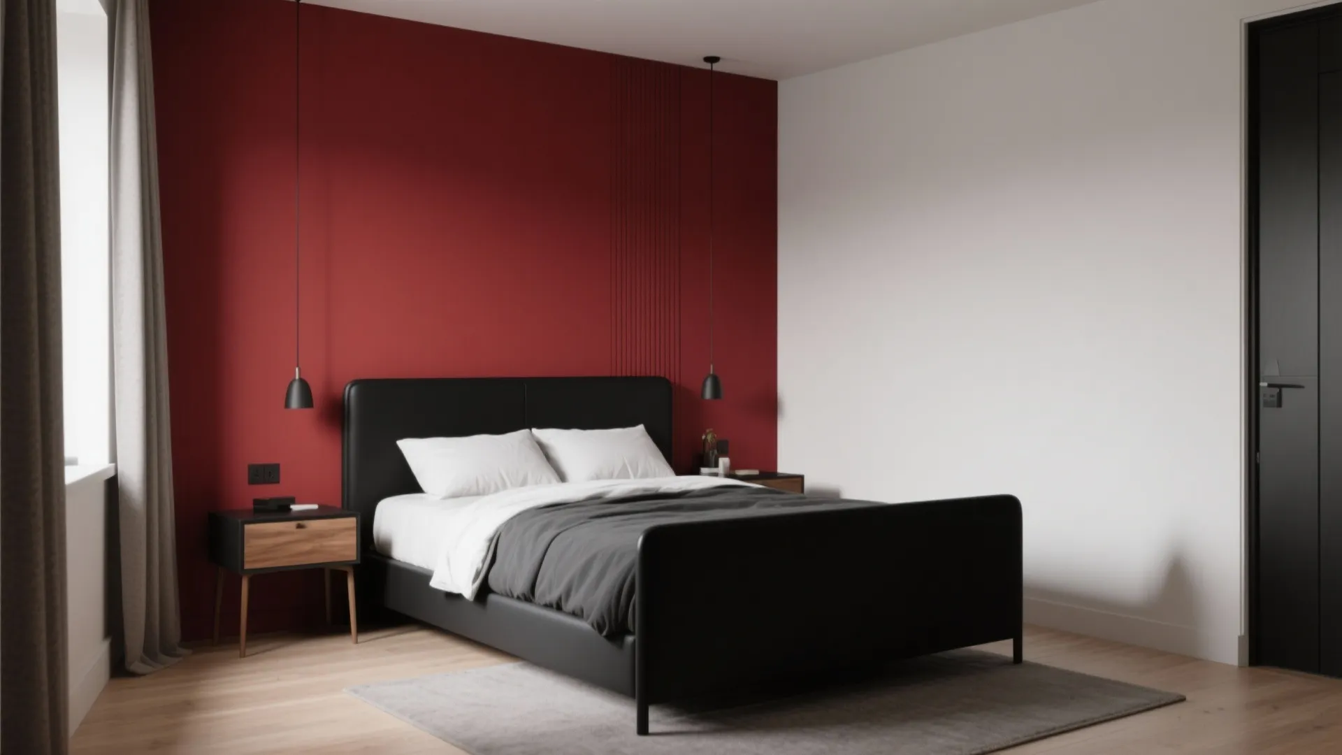Modern bedroom with red accent wall black bed hanging ceiling lights and light wood floor
