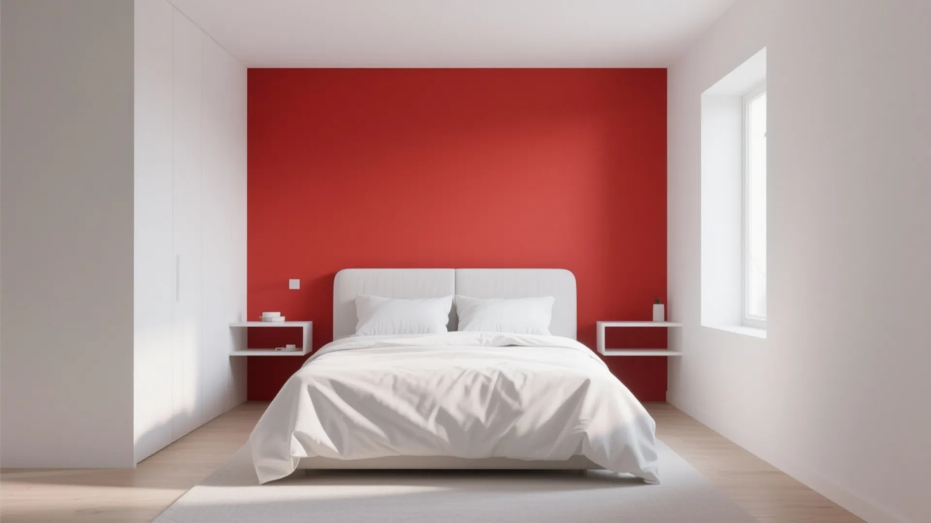 1. Clean-lined red accent wall with white bedding