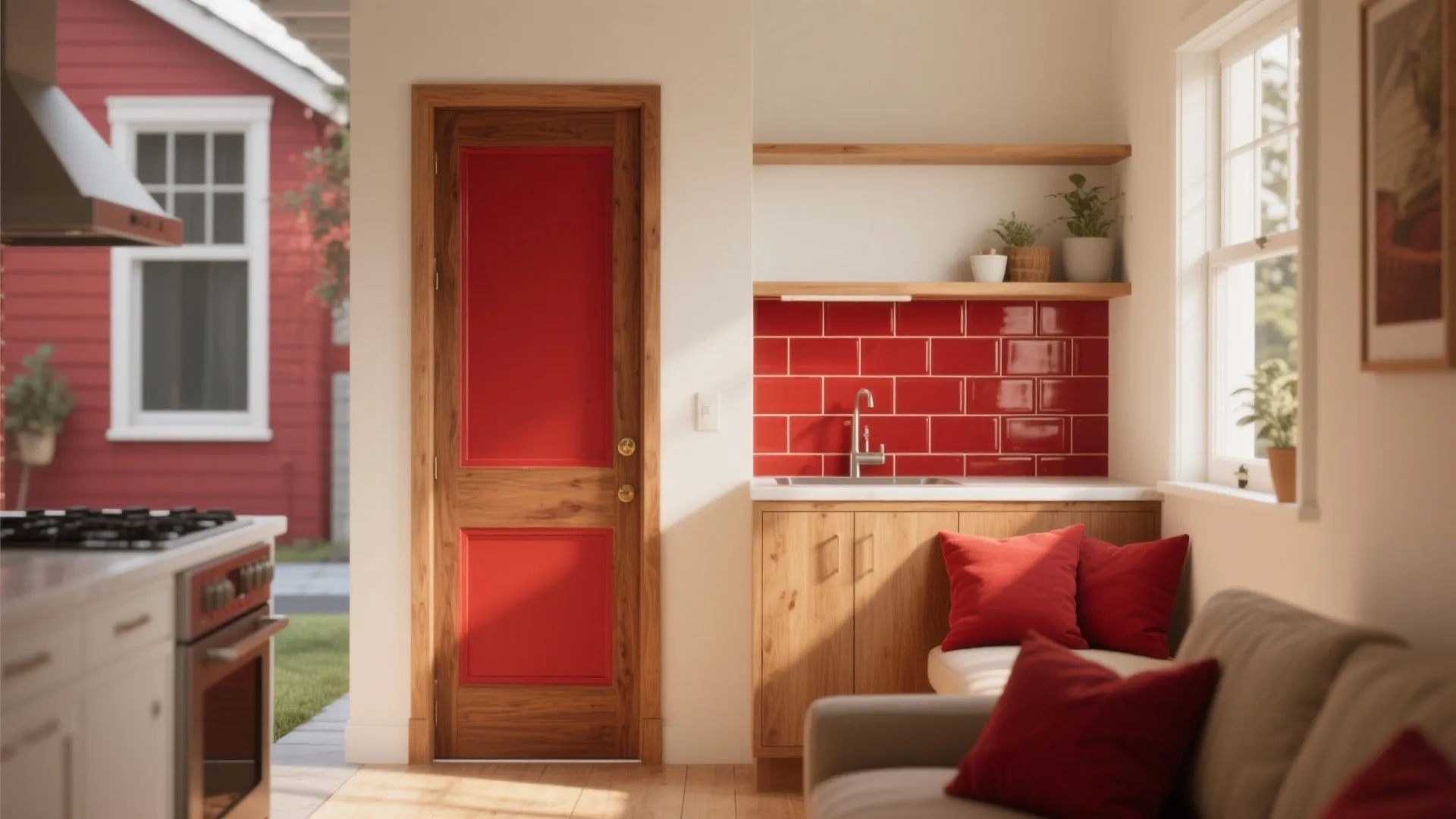 Small kitchen and entry showing exterior red echoed in door trim, backsplash tiles and cushions for cohesive flow.