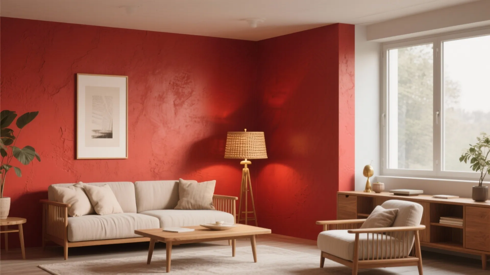 Living room with red wall, beige sofa, wooden coffee table, floor lamp, and white window