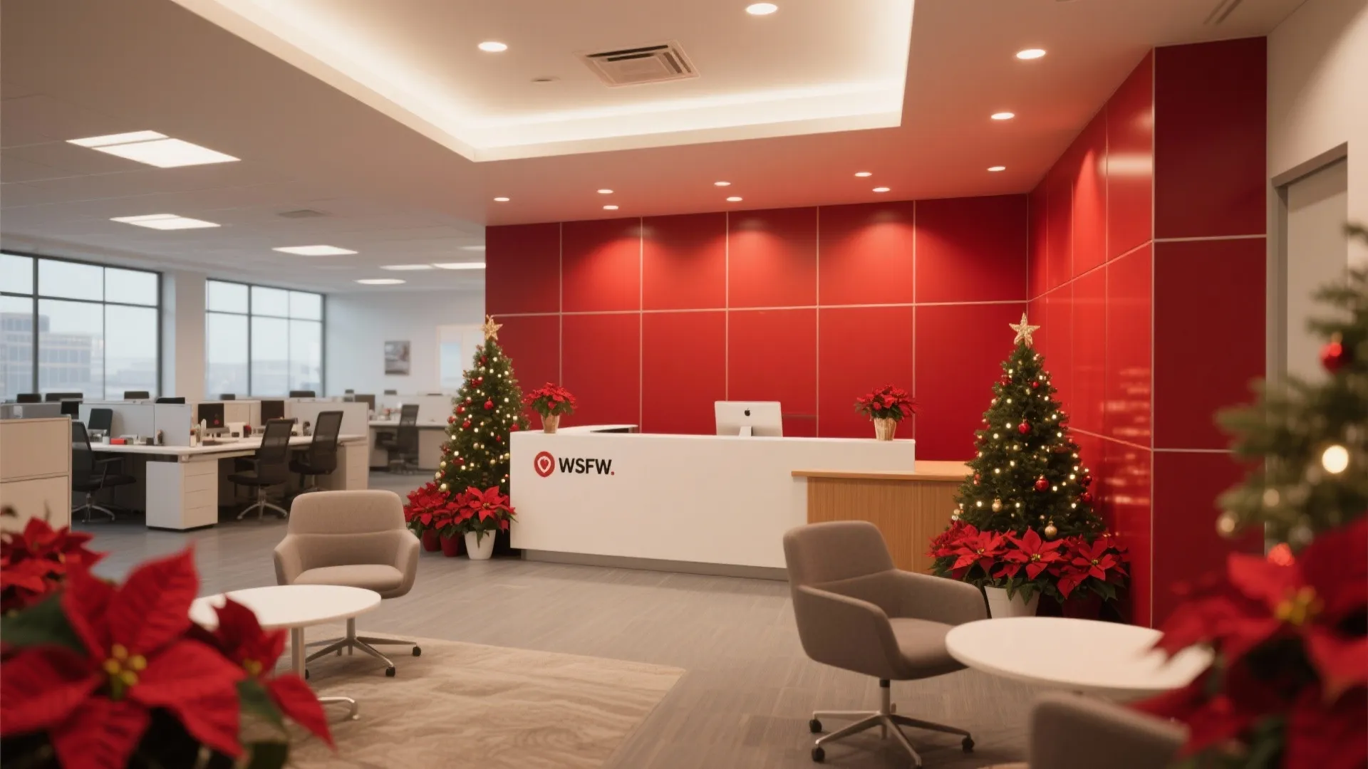 Office reception area with red wall white desk Christmas trees grey chairs and small round tables