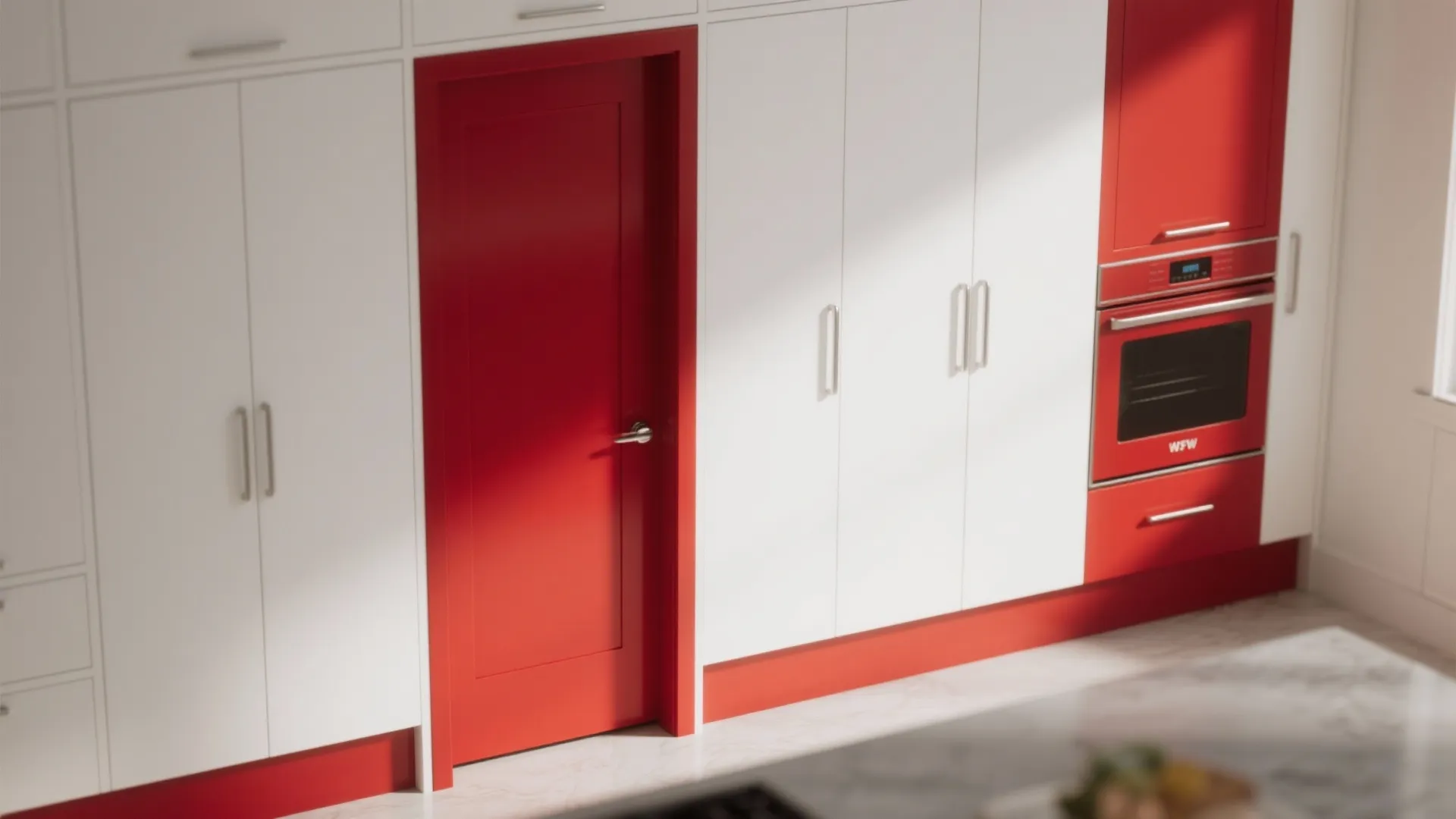 3. Red Accent Panels and White Flat-Fronts