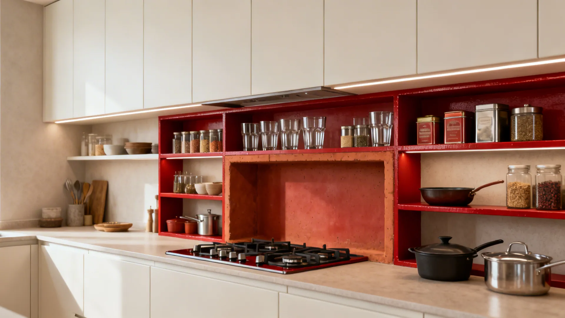Red Accents Only: Frames, Open Shelves, and Niche