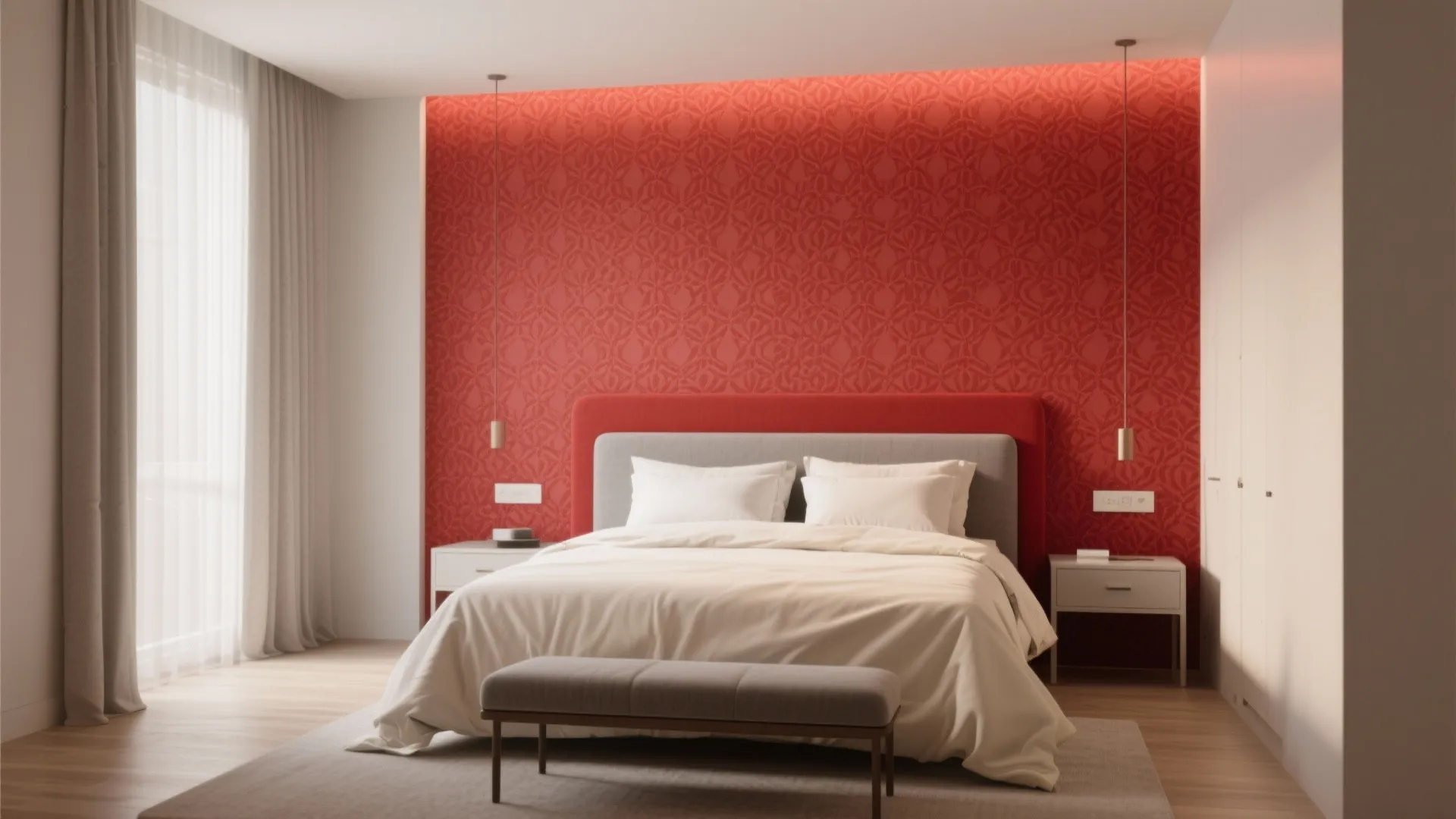 2. Red Accent Wall with Neutral Anchors