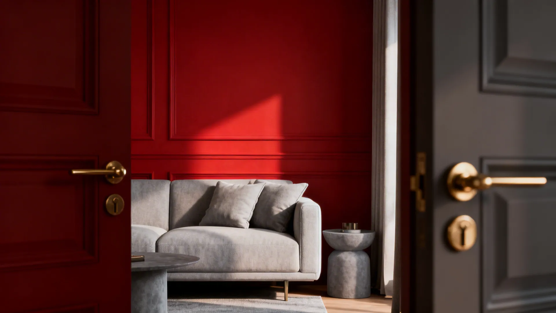 Interior with a single red accent wall paired with soft grey furniture and warm lighting.