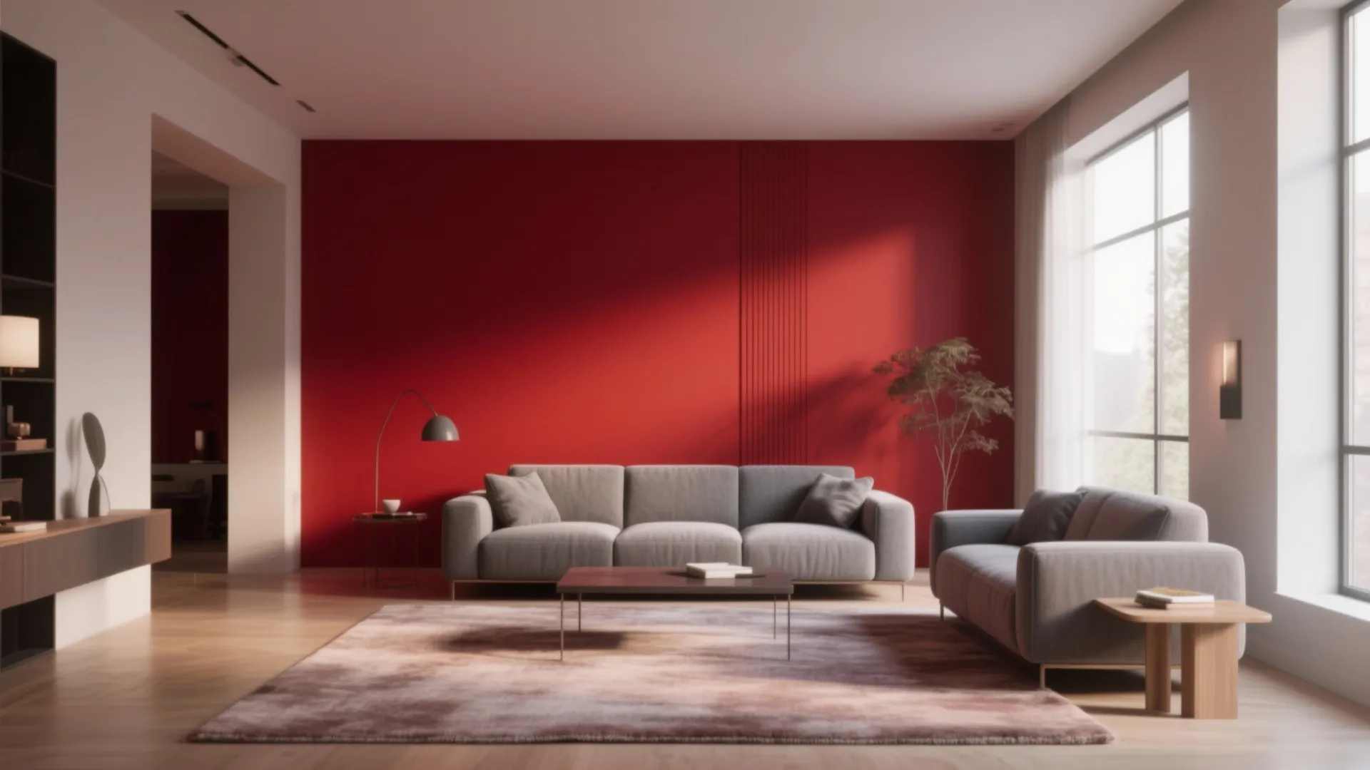 Modern living room with bold red accent wall grey sofa wooden floor and large windows