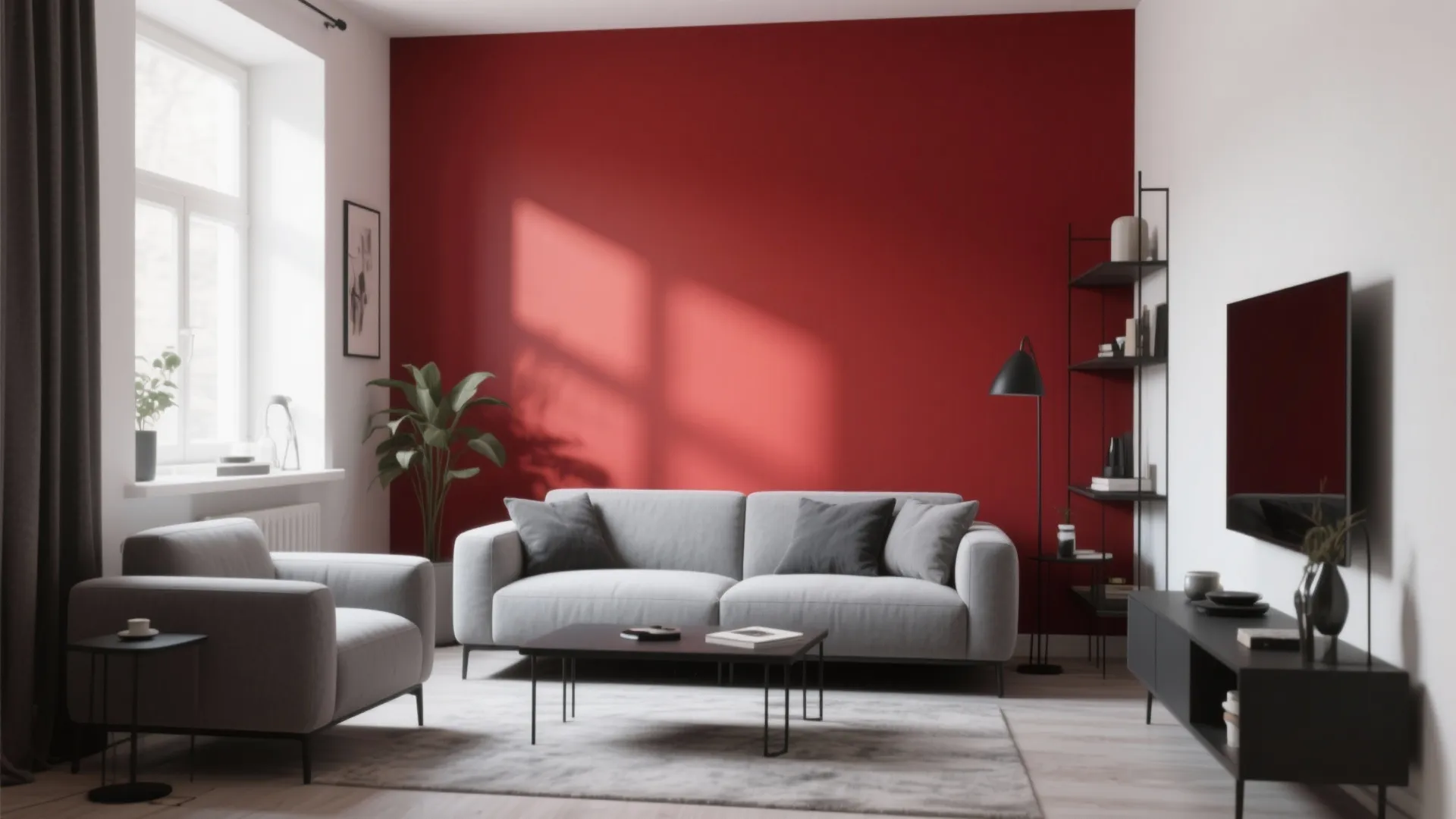 Living room with red accent wall grey sofa black coffee table and television on dark cabinet