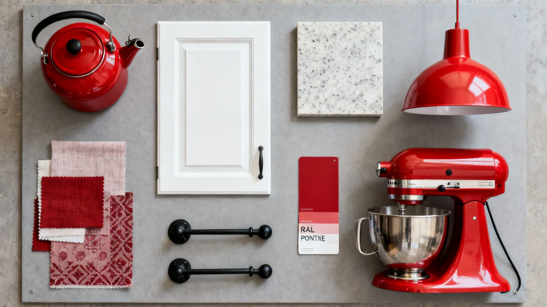 Top-down flat lay of red appliances, white cabinet and quartz samples, and hardware.