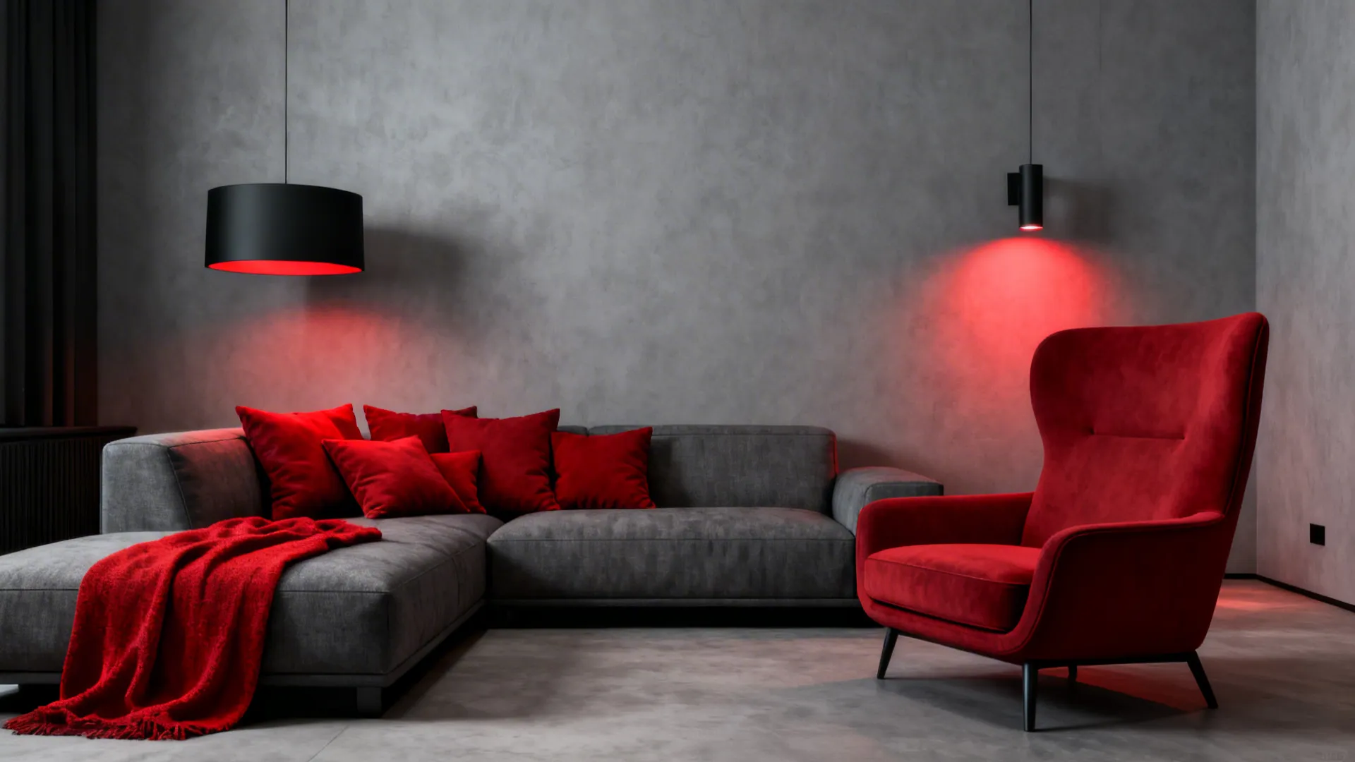 Grey living room with a grey sofa red pillows red armchair and red wall lights