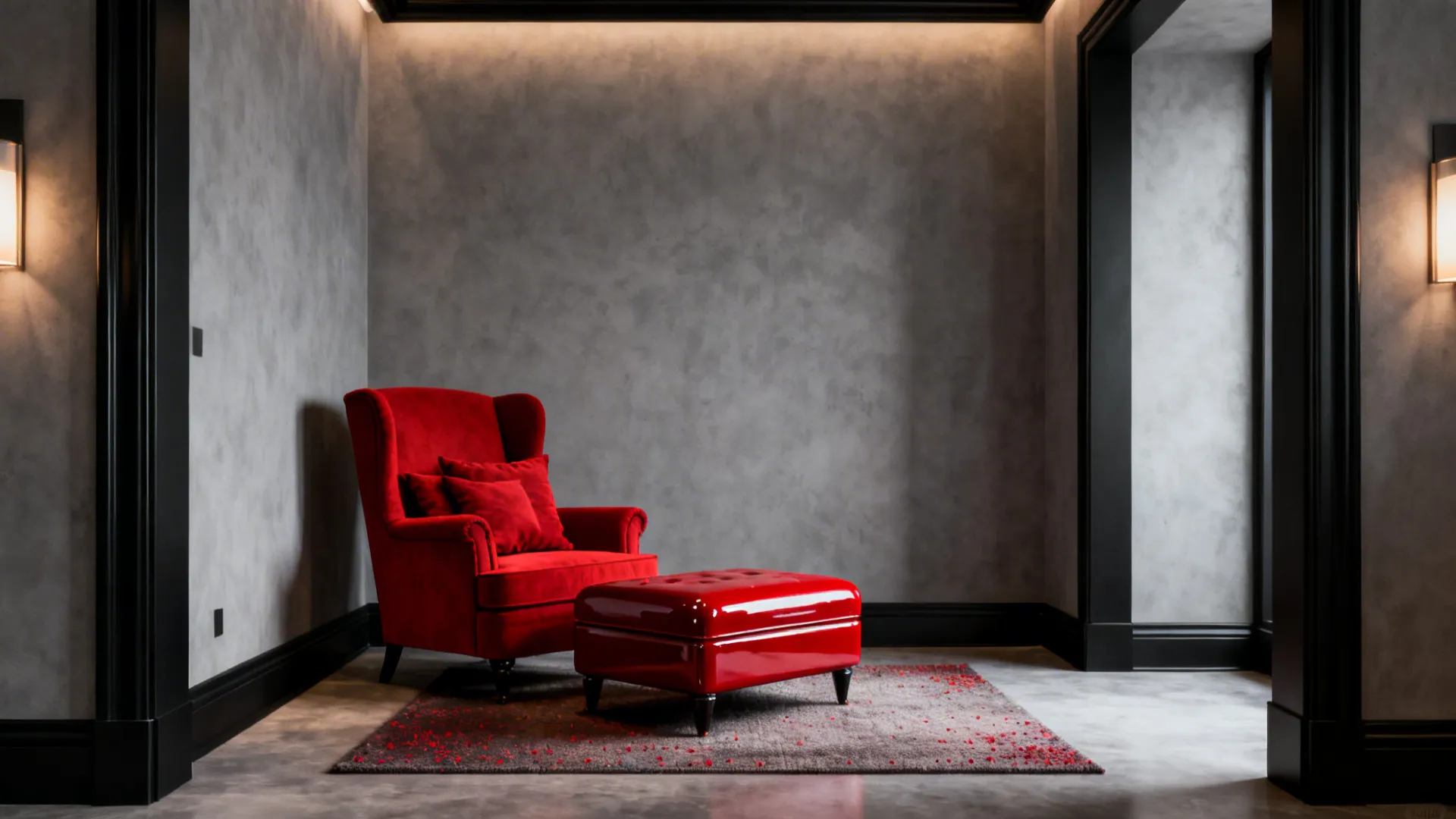 Small living area with red armchair and ottoman against mid-tone grey walls and black trim.