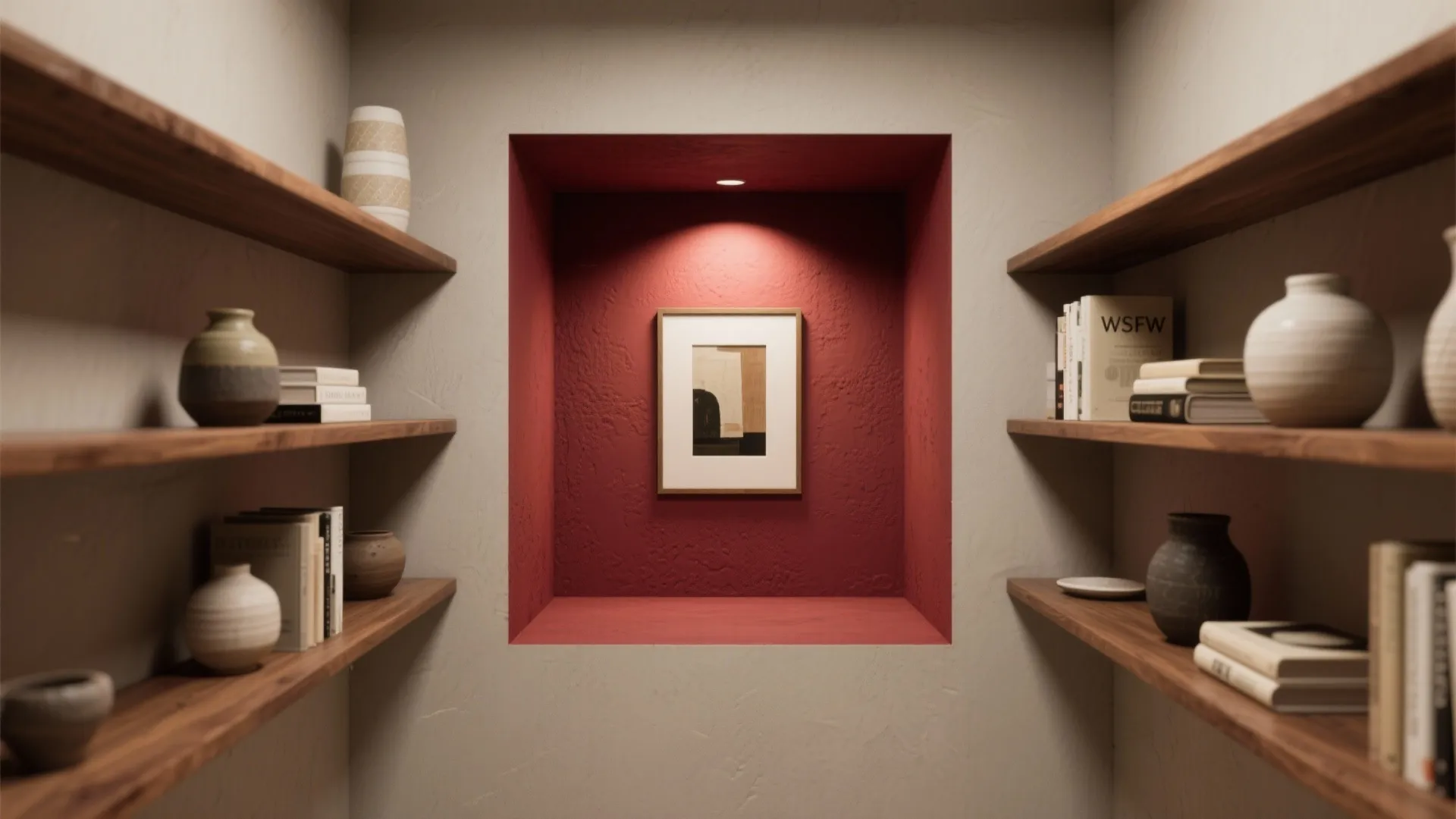 4. Red as a backdrop for art or shelving