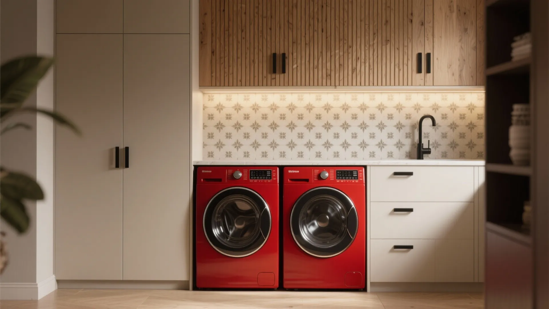 Modern laundry area with two red washing machines wood wall panels white cabinets and patterned tiles