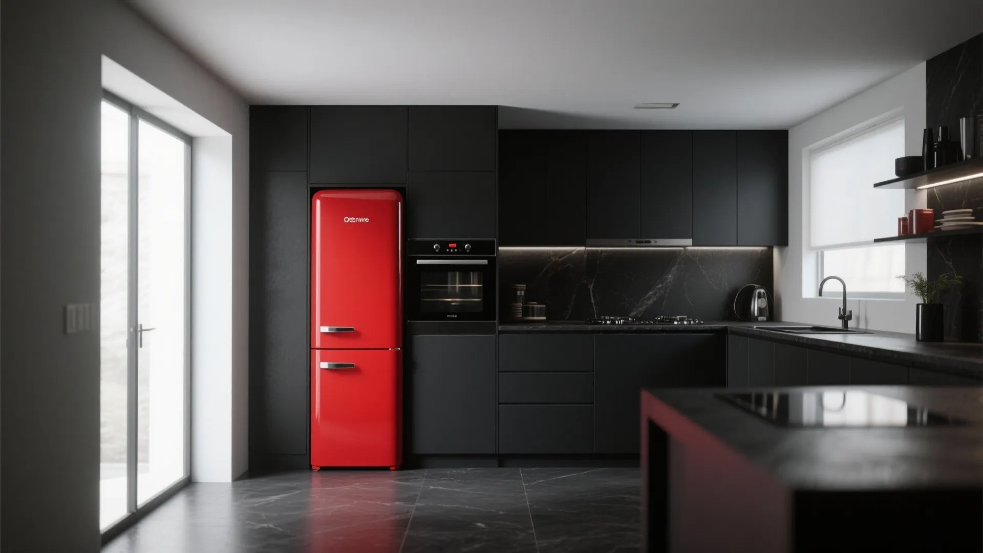 6. Red Appliances in a Black Kitchen