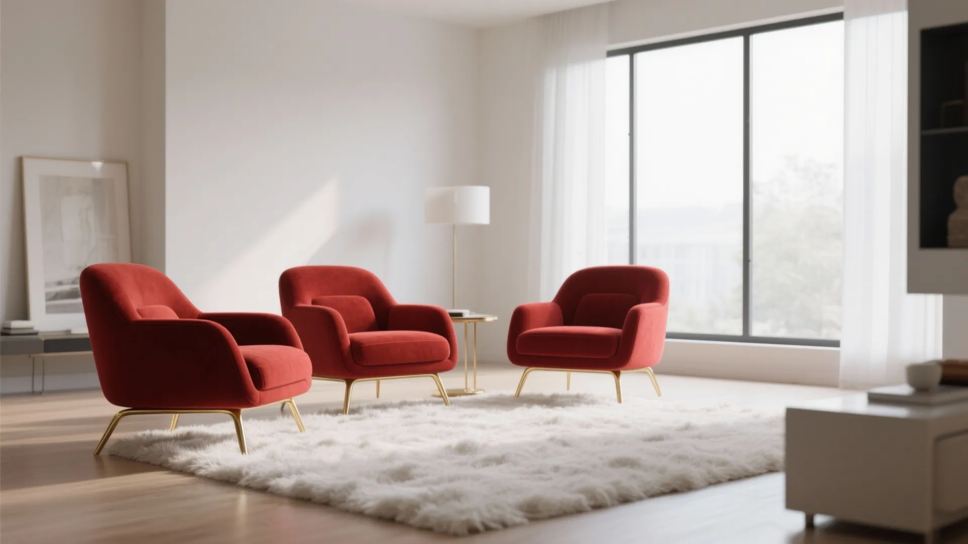 6. Red Upholstered Armchairs with Gold Legs