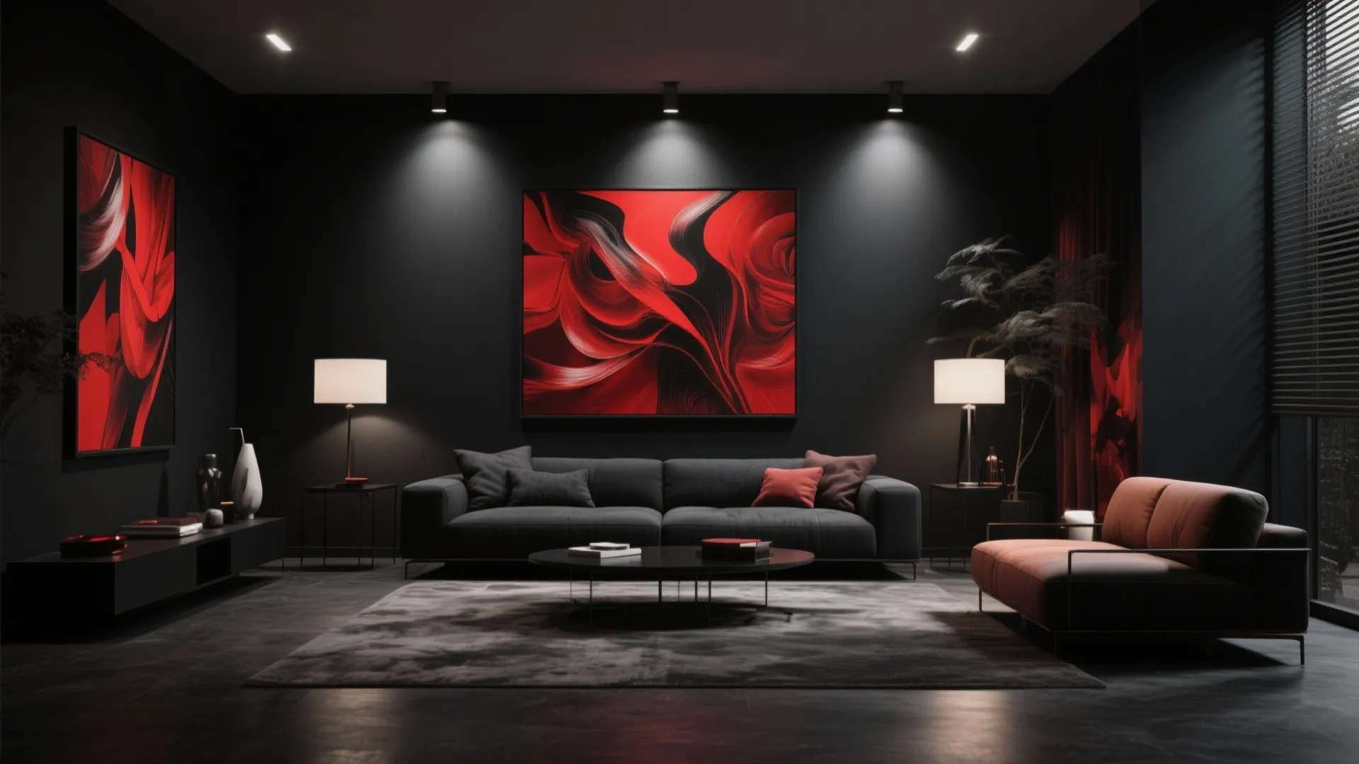 Modern black living room with red abstract wall art dark sofa rug and table lamps