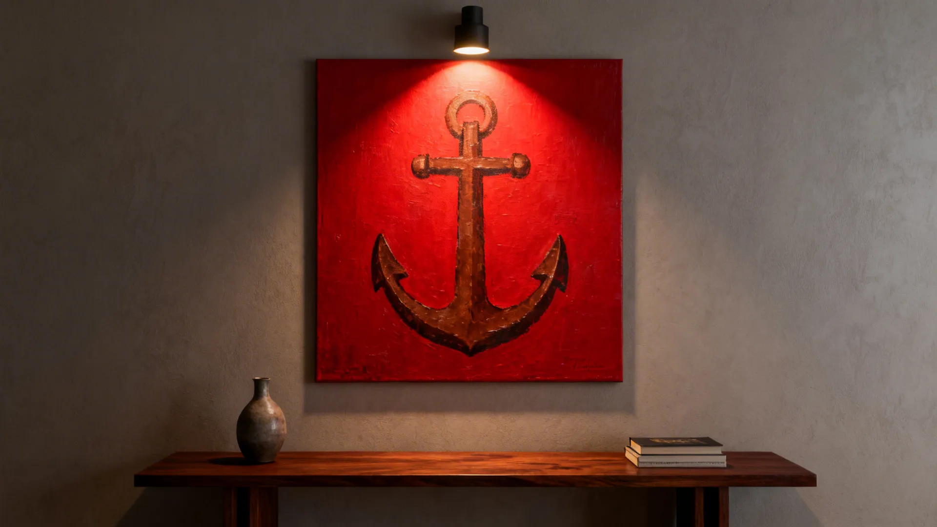 Bold red artwork mounted above a low brown wooden console lit by a picture light.
