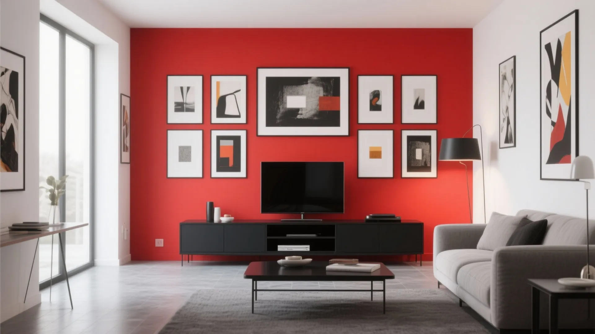 Living room with a bright red wall decorated with many framed pictures and black cabinet