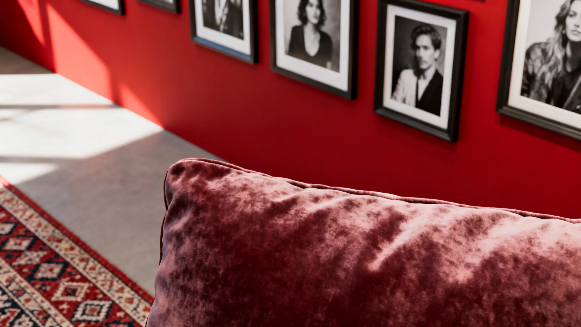Red wall used as a backdrop for framed photos, textiles and velvet cushions