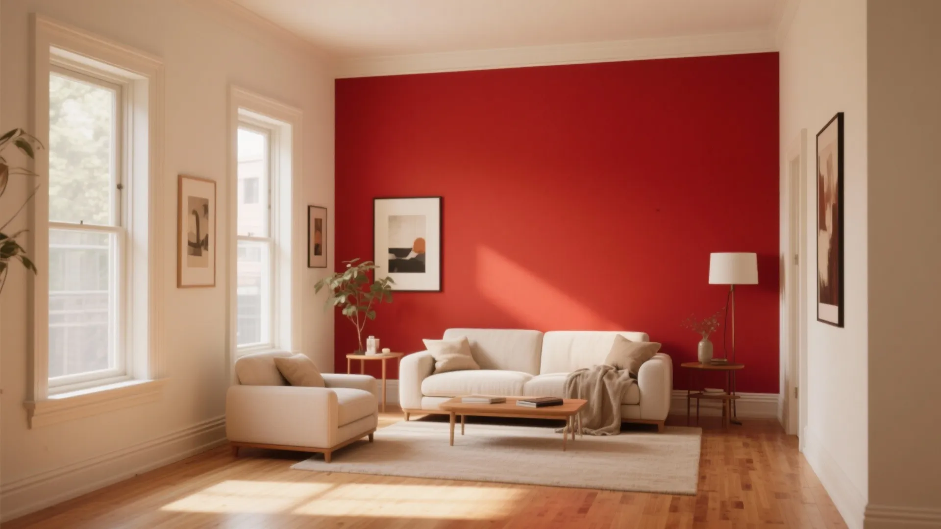 Small living room showing a single red focal wall with warm off-white surrounding walls and natural wood trim.