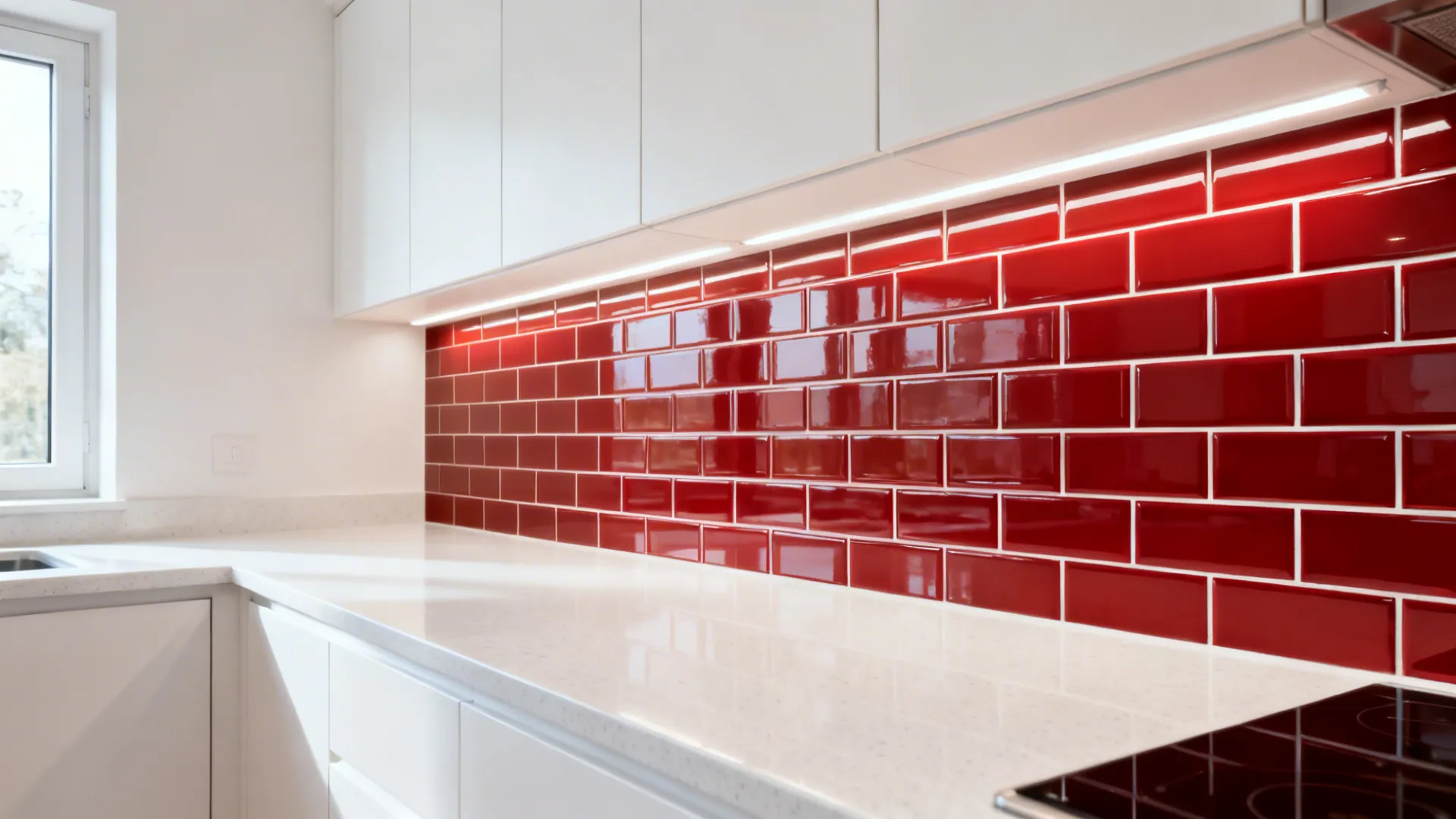 Red Tile Backsplash with White Cabinets