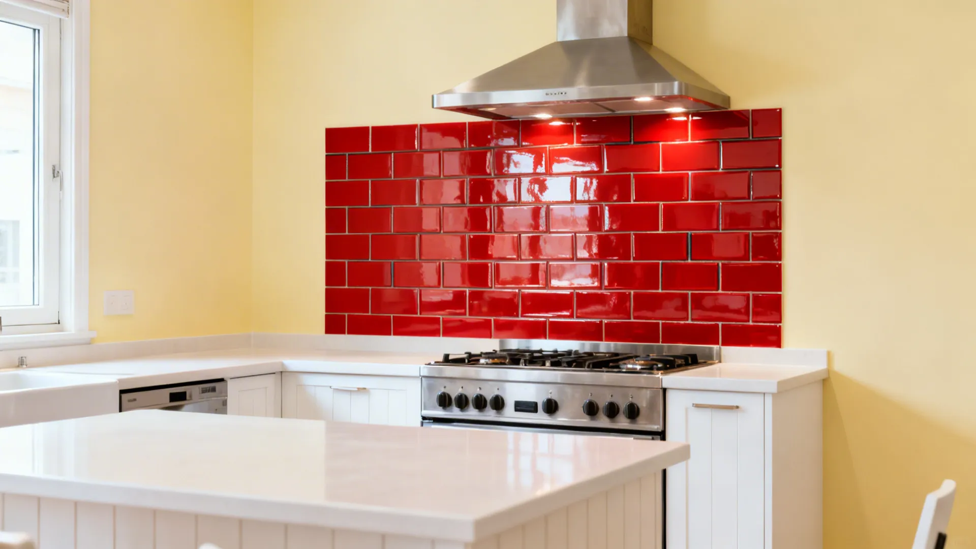 Kitchen with glossy red subway backsplash behind range and creamy yellow walls.