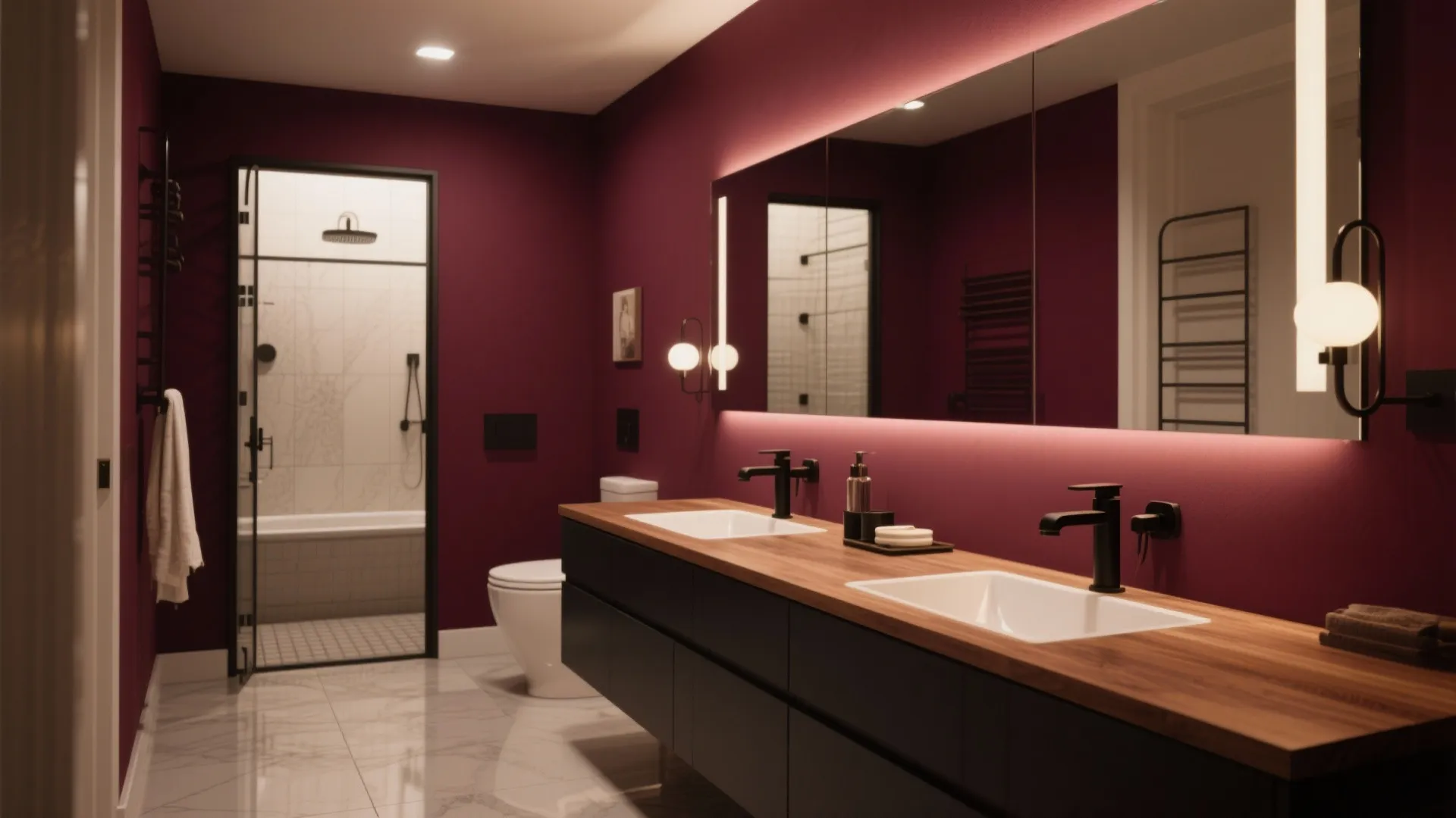 Modern bathroom with red walls, wood double sink cabinet, black faucets, and glowing wall lights