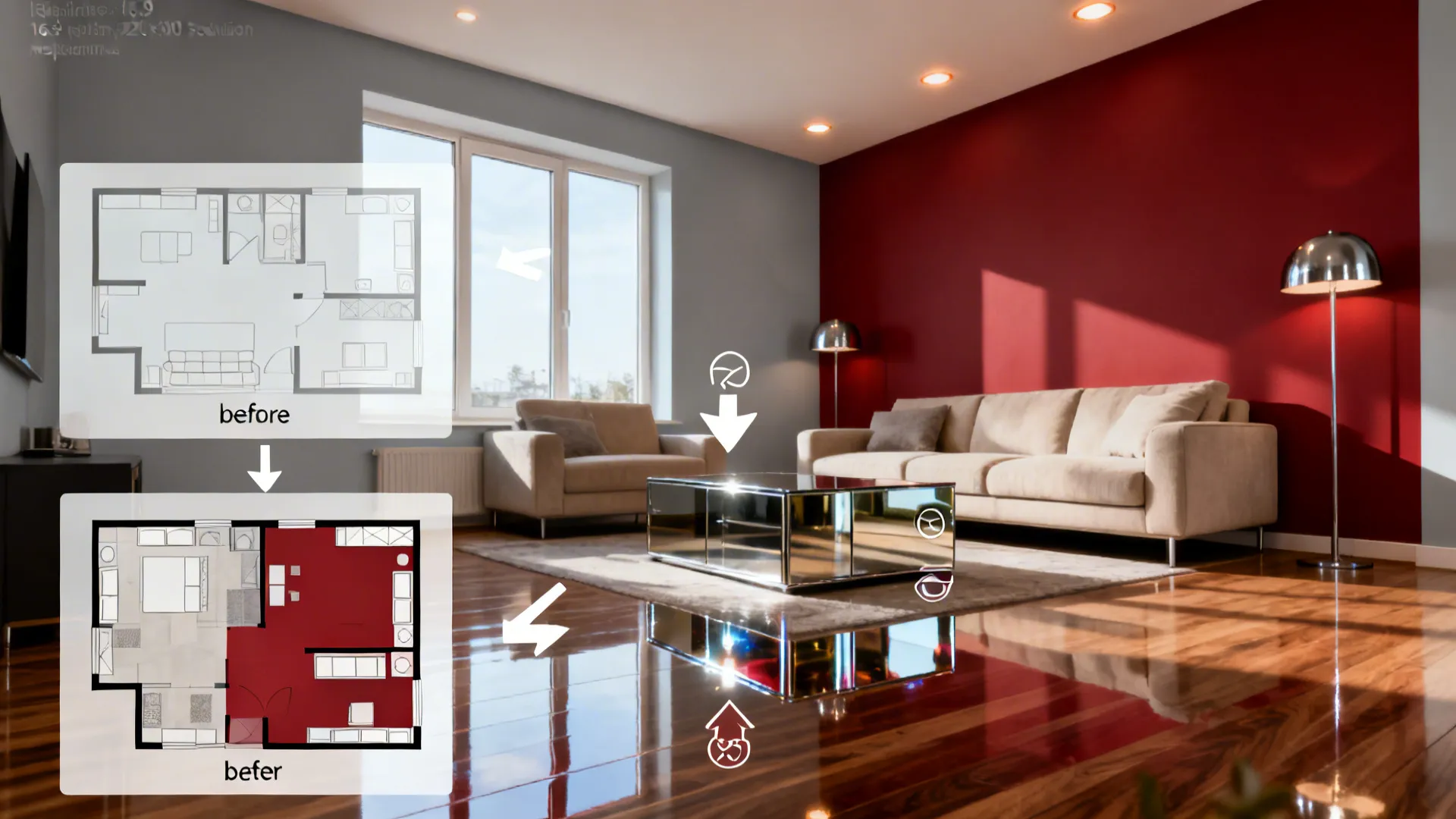 Before and after diagrams showing effect of red accent wall on small living room layout