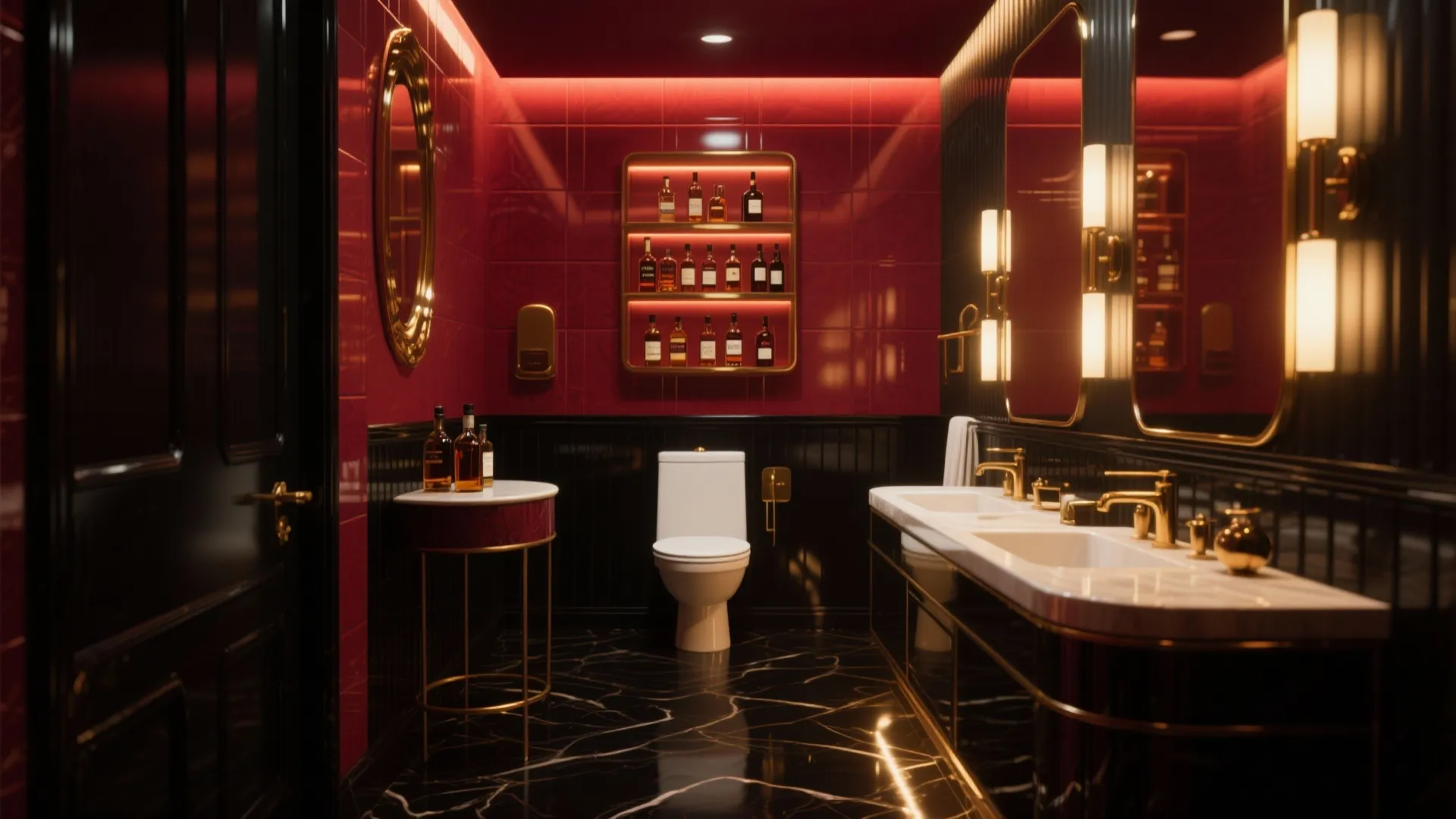 Luxury bathroom with red tiles black marble floor white toilet and double sink cabinet vanity