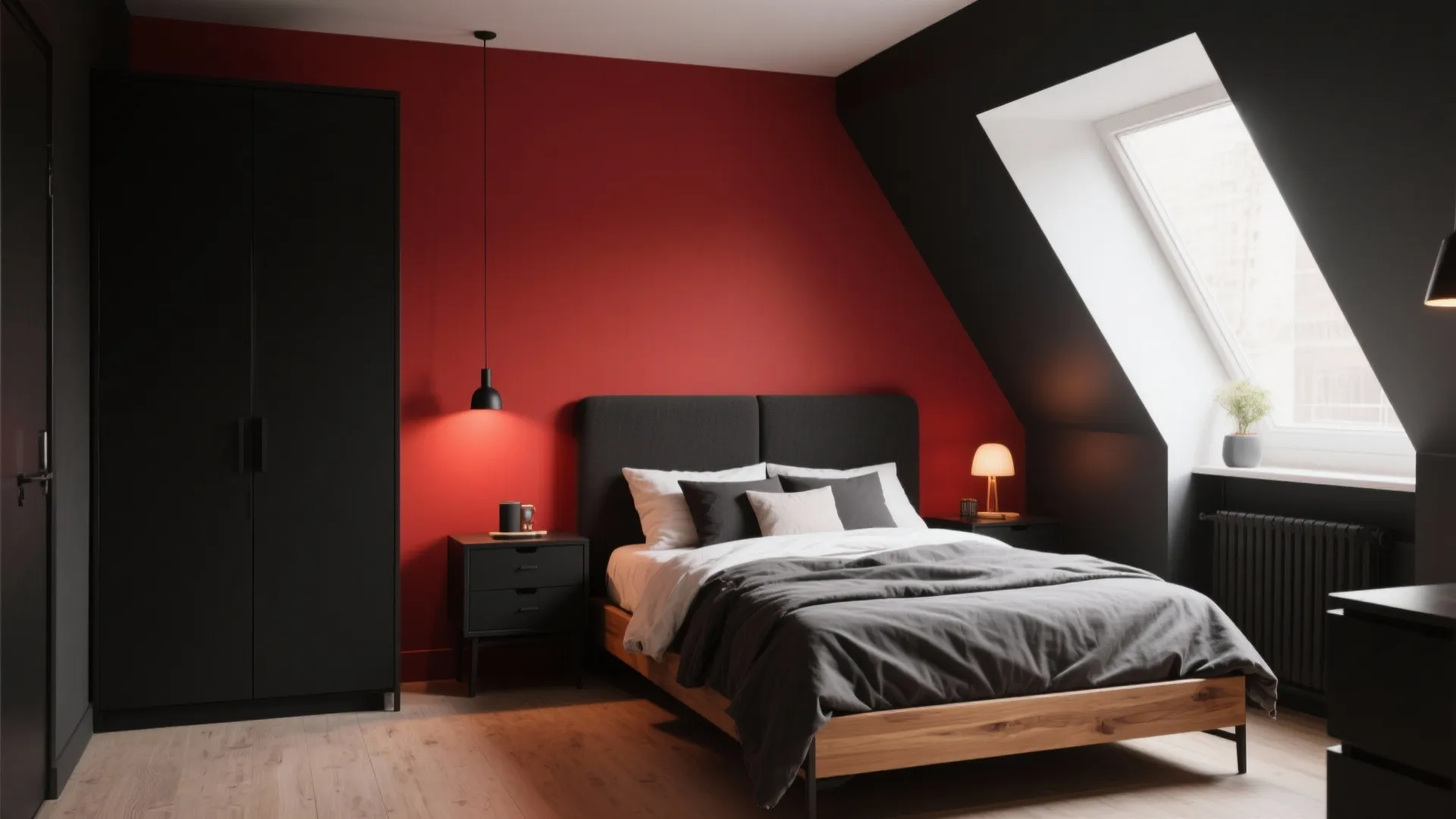 Modern bedroom with red feature wall black cabinet grey bed wooden floor and roof window view