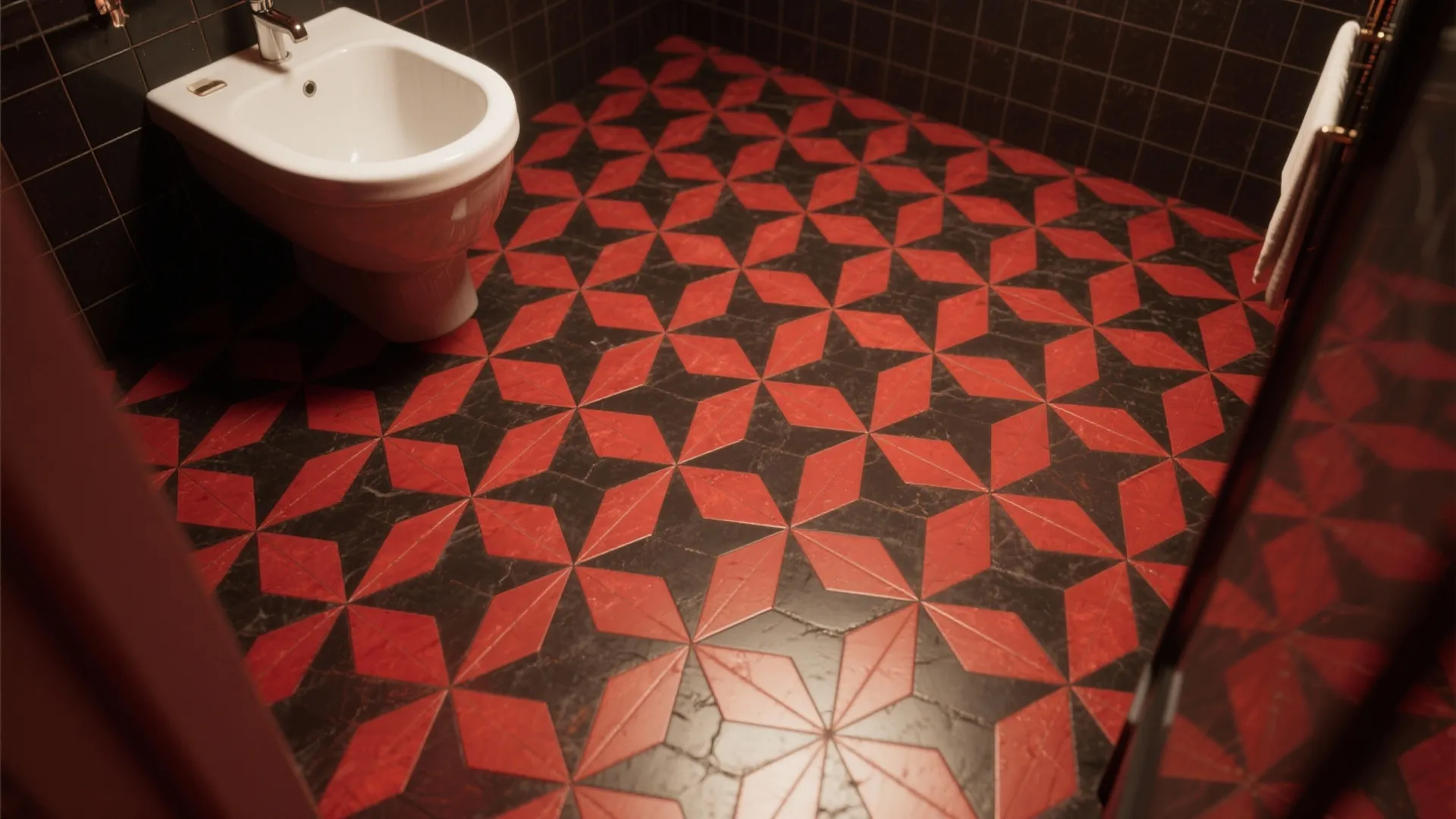 Modern bathroom interior showing red and black star pattern floor tiles and white ceramic toilet