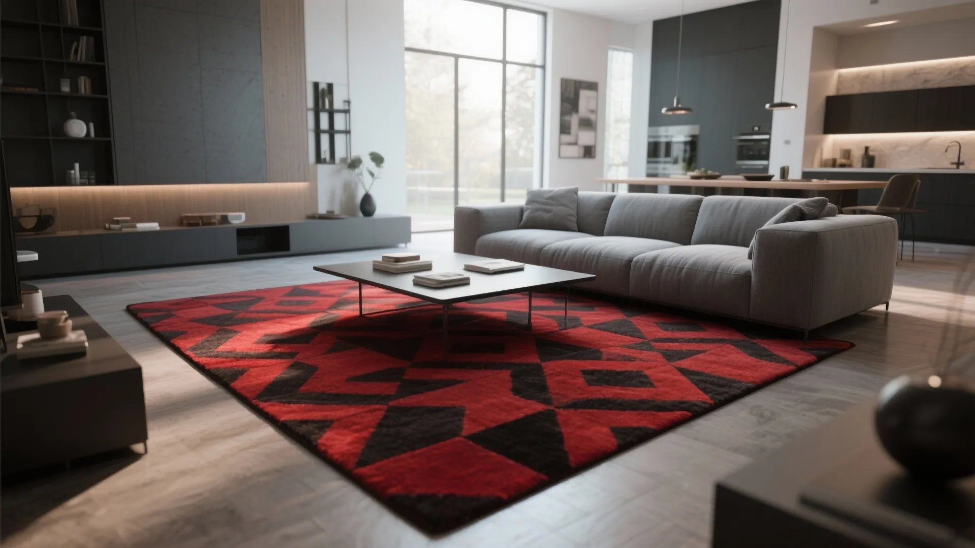 Open living room featuring grey sofa black coffee table and a red black geometric pattern rug