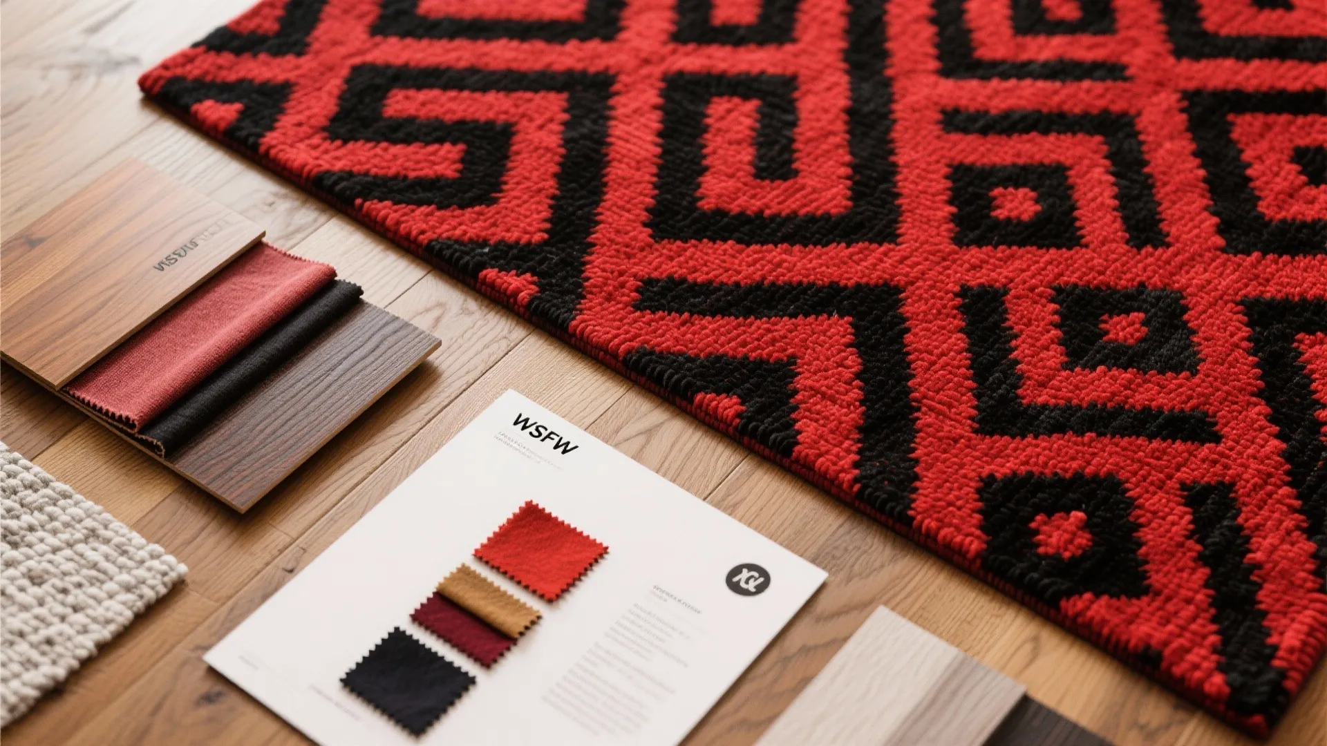 Interior design material board with red and black rug fabric samples and wooden floor boards