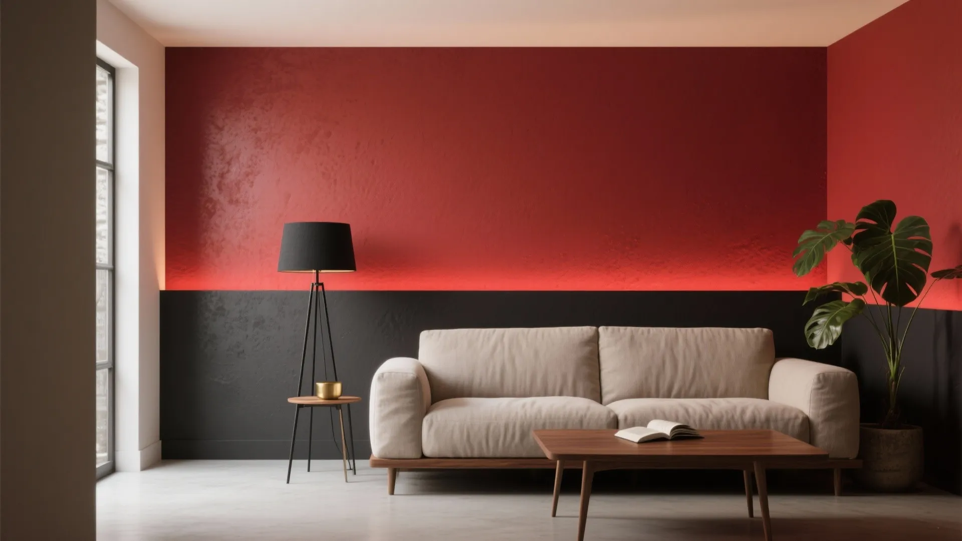 Modern living room with red and black wall cream sofa wooden coffee table and lamp