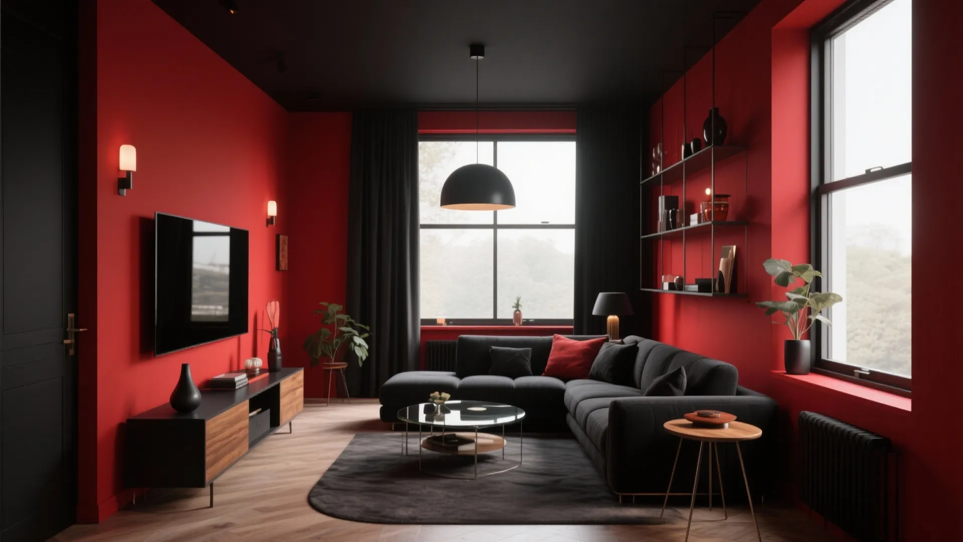Living room with red walls, black sofa, wall lights, ceiling light, and wooden floor design
