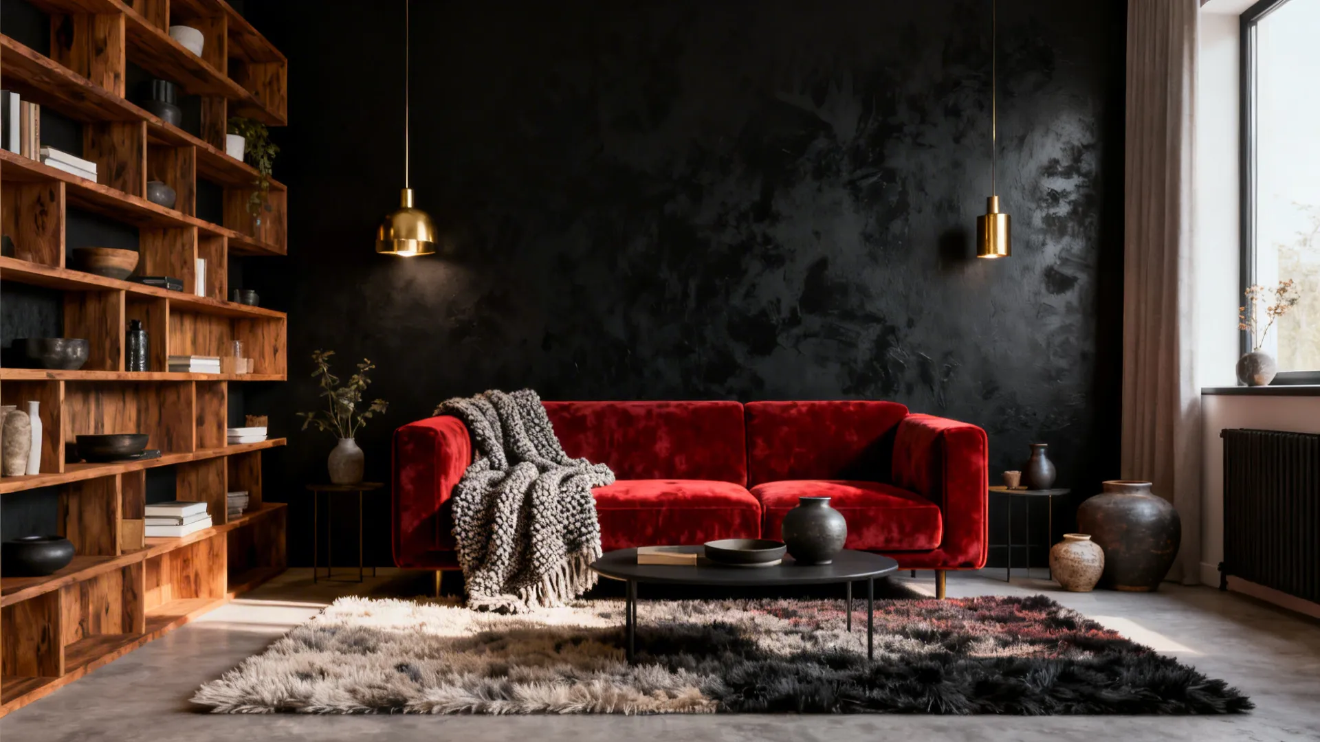 Red velvet sofa against black wall with wooden bookshelf fuzzy rug and gold ceiling light