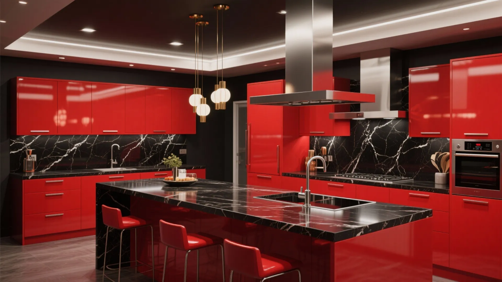 Modern kitchen with red cabinets black marble island gold ceiling lights and stainless steel exhaust hood