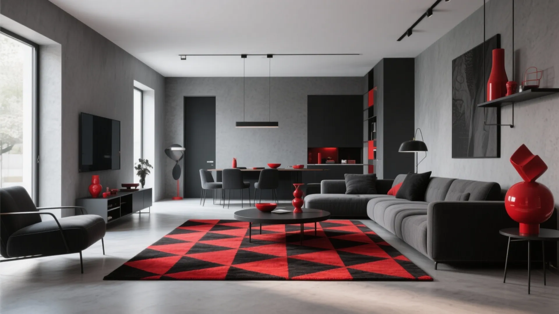 Modern grey living room featuring a red and black geometric rug with sofa and table