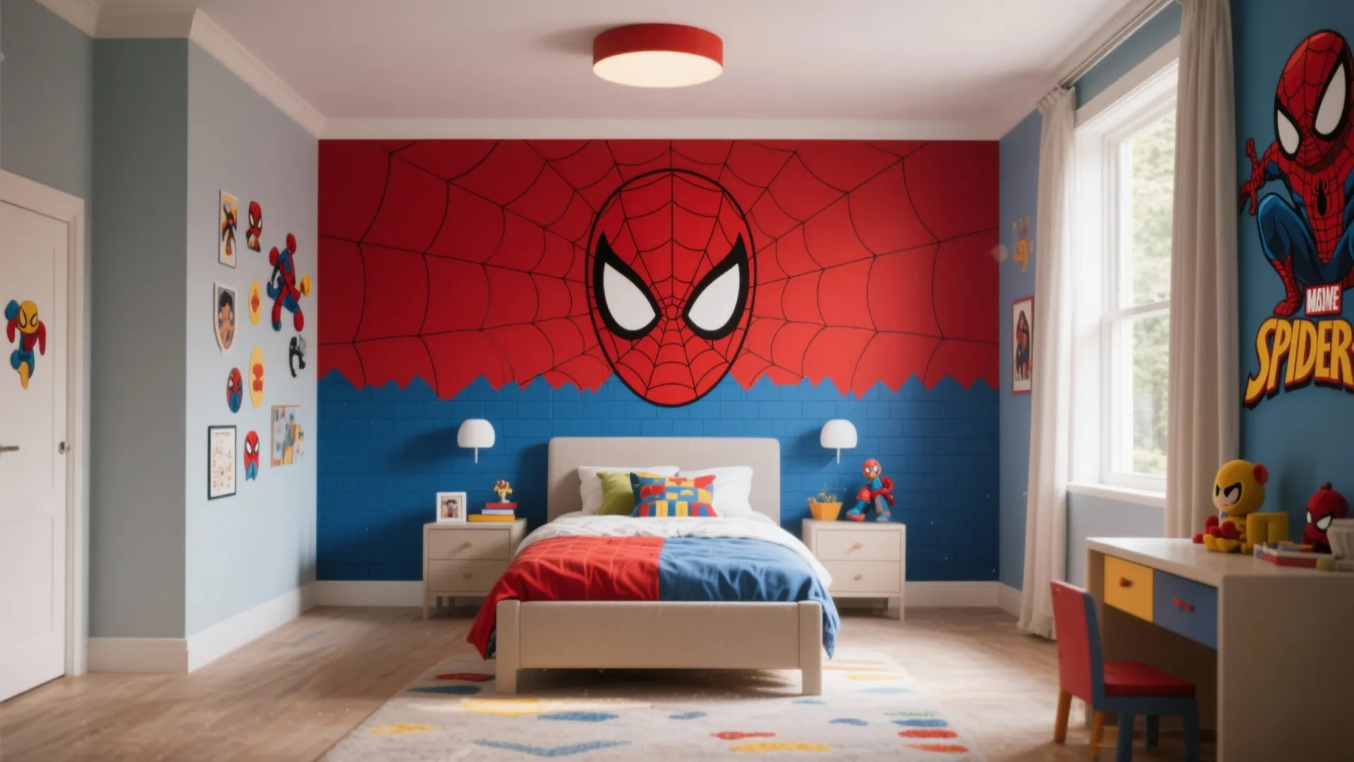 Spider-Man themed bedroom with large mask wall art above bed and matching red blue bedding
