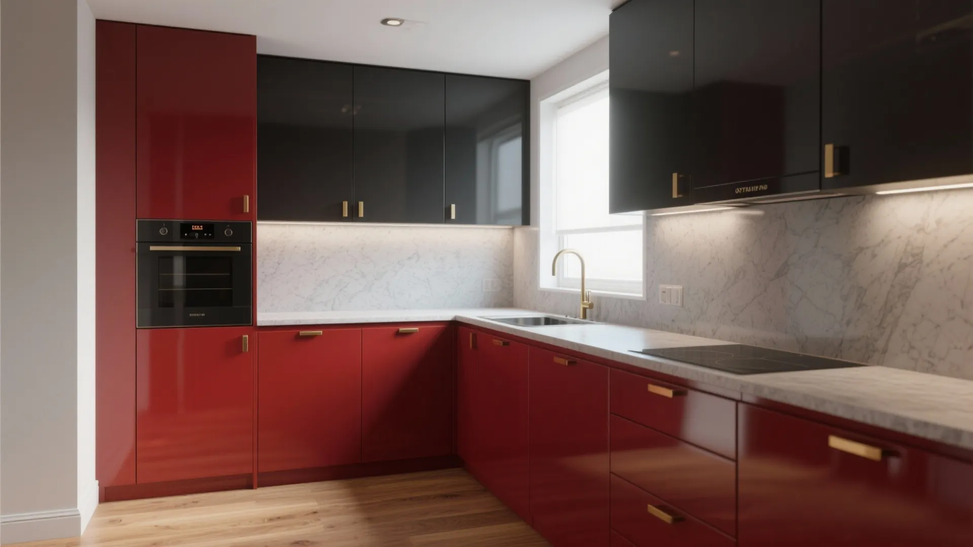 2. Red cabinetry with neutral counters
