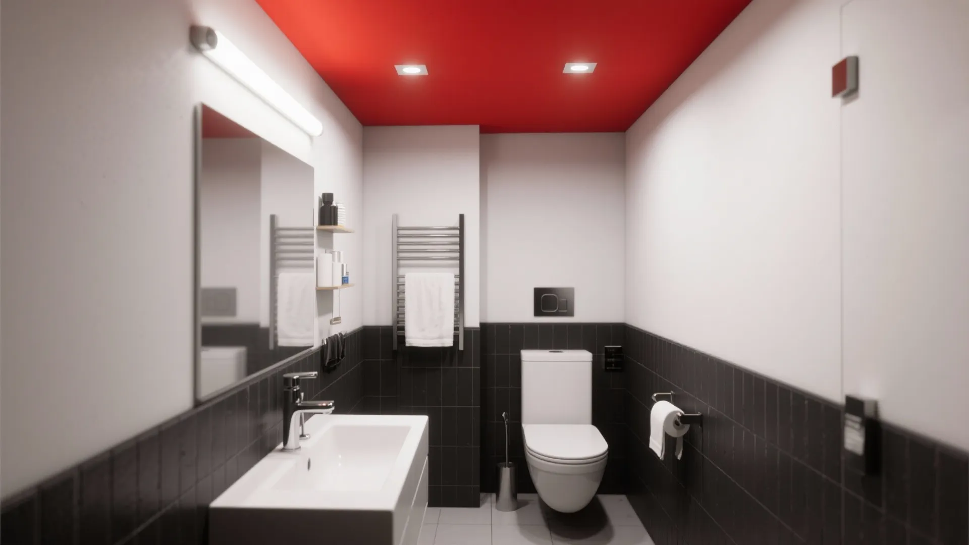 Modern bathroom with a bright red ceiling white sink toilet and black wall panel tiles