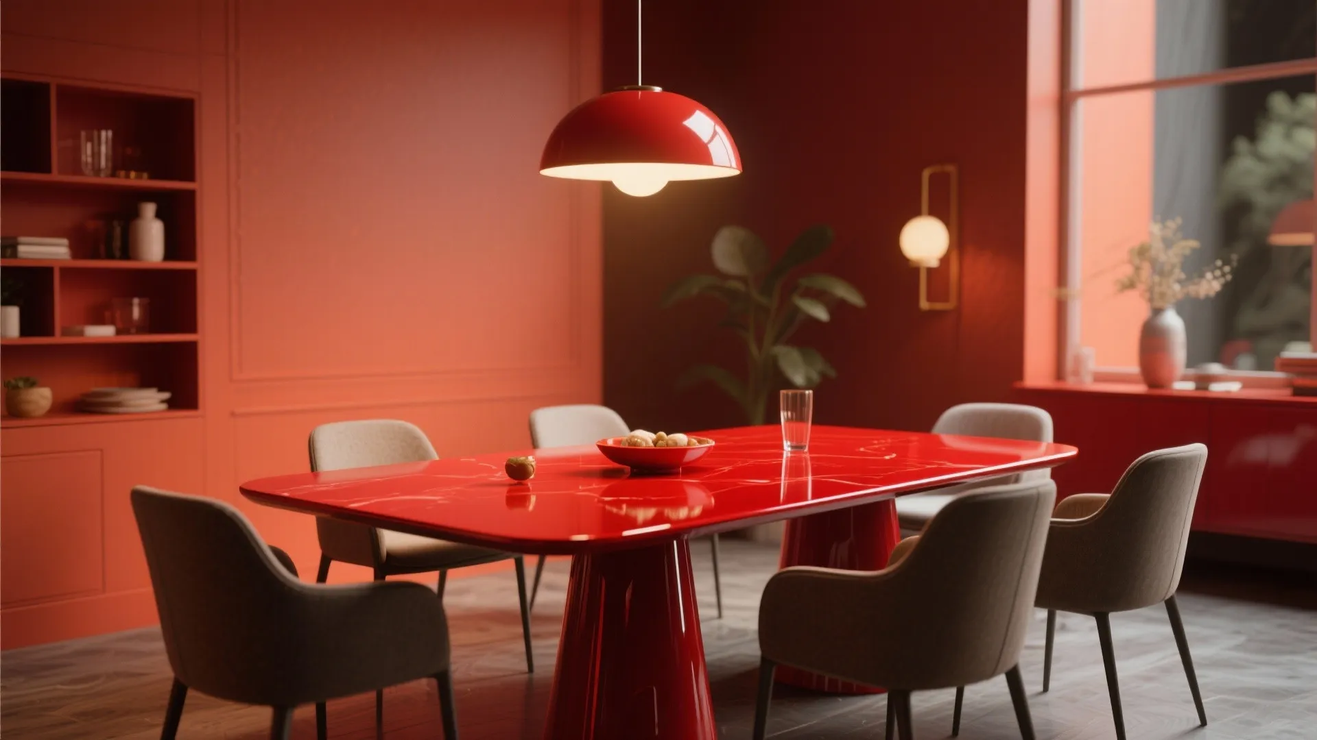 Modern red dining room featuring marble table red ceiling light grey chairs and wall cabinet