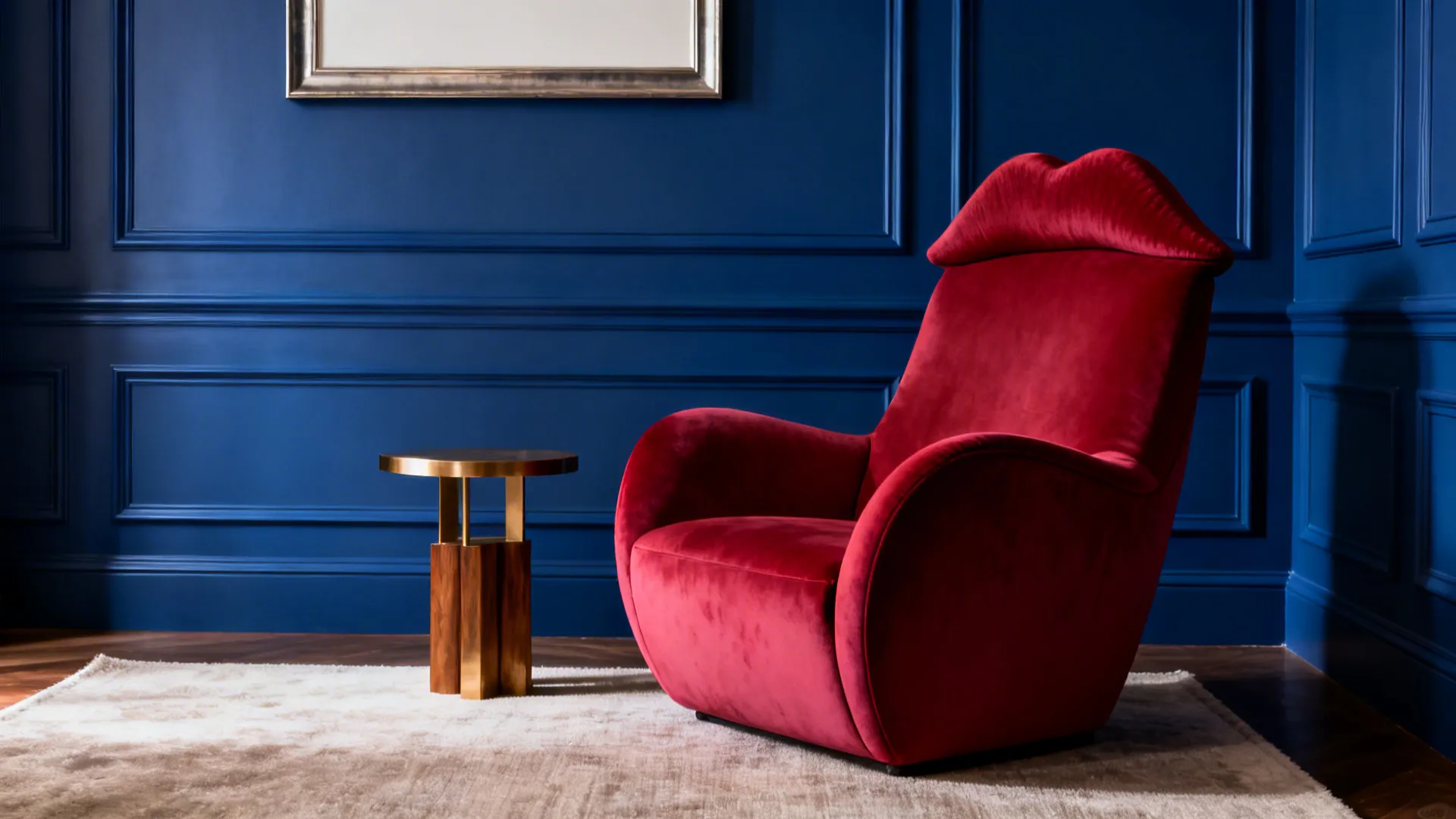 Deep blue paneled wall framing a sculptural lipstick-red lounge chair in warm light.