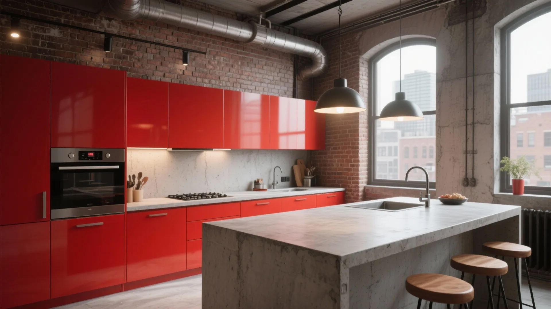 Industrial kitchen with red cabinets brick wall concrete island stools ceiling pipes and black lights