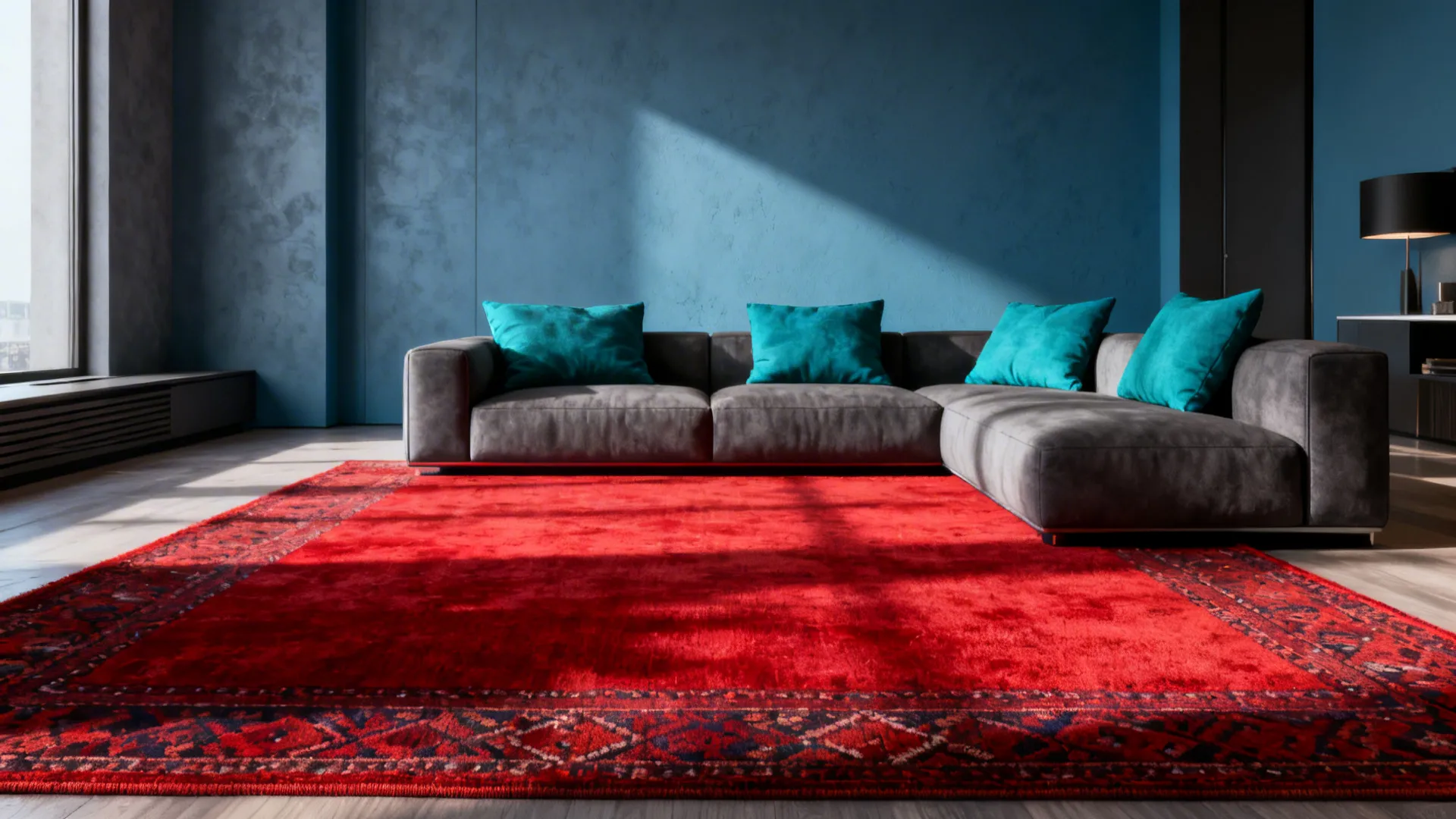 Large red rug in living room with grey sofa teal pillows and blue textured wall