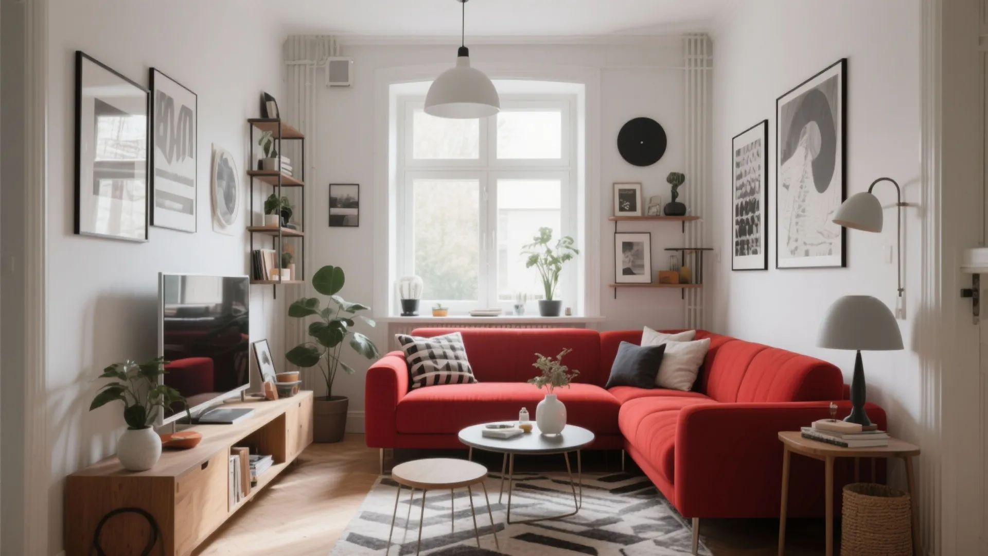Modern white living room with red corner sofa and wooden TV stand under white ceiling light