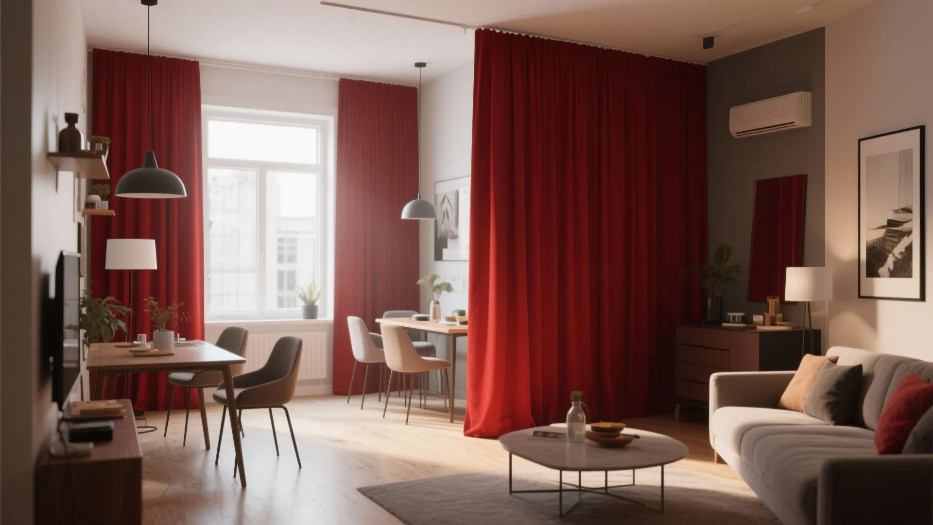 3. Red Curtains as a Zoning Tool