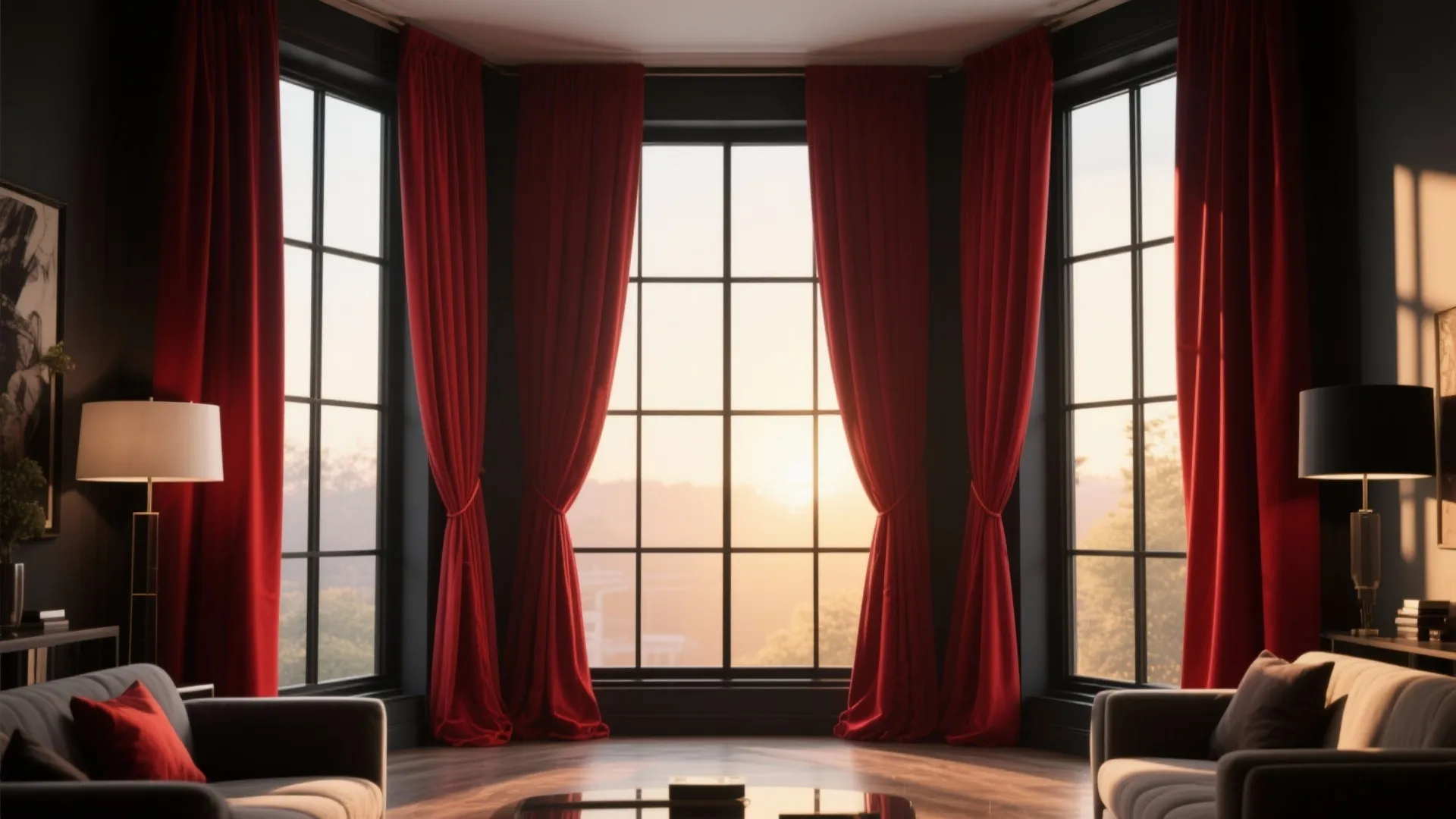 Large black windows with long red curtains in a dark living room during a sunset