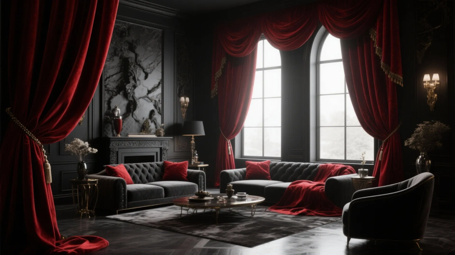 7. Red Curtains Framing Black Interiors