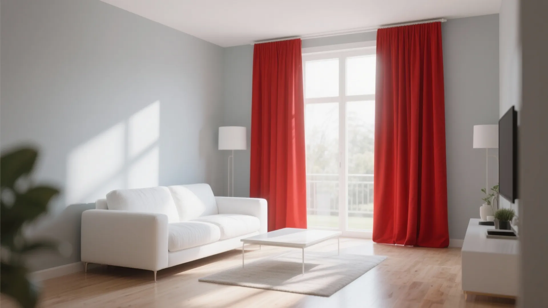 10. Red Curtains Against Grey Walls